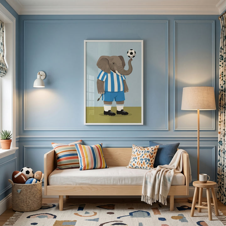 Blue striped jersey elephant wall art hangs above a wooden daybed in a kid's room with blue paneled walls.