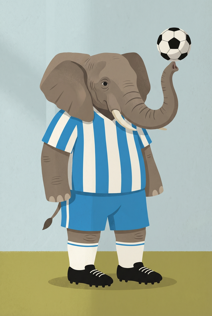 Elephant soccer player balances a ball on its trunk in blue striped jersey elephant wall art.