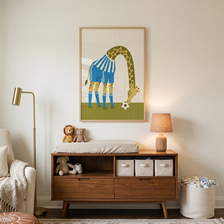 Blue striped jersey giraffe wall art hangs above a wooden dresser with stuffed animals in a cozy nursery.