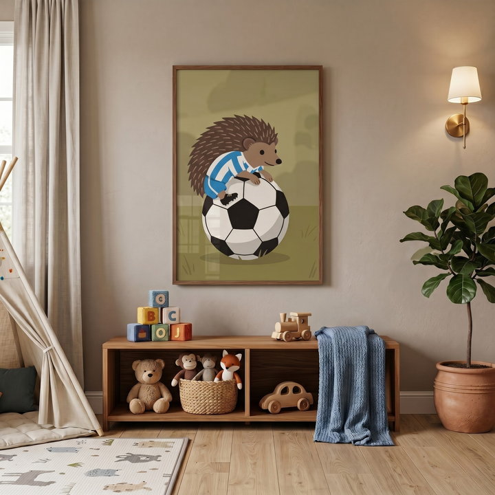 Framed wall art of a cartoon hedgehog wearing a blue and white striped jersey sitting on a soccer ball, hanging above a wooden toy shelf in a child's room.