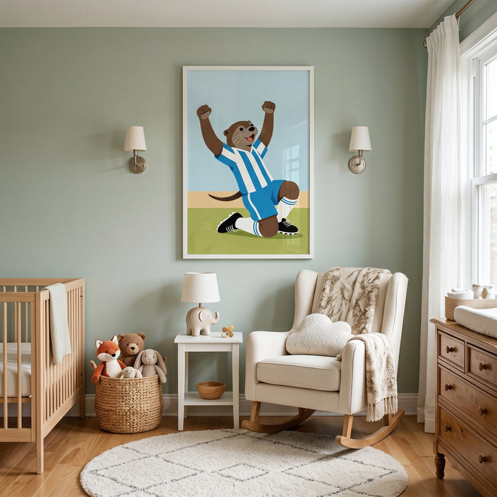 Sage green nursery featuring a wooden crib, rocking chair, and blue striped jersey otter wall art between wall lamps.