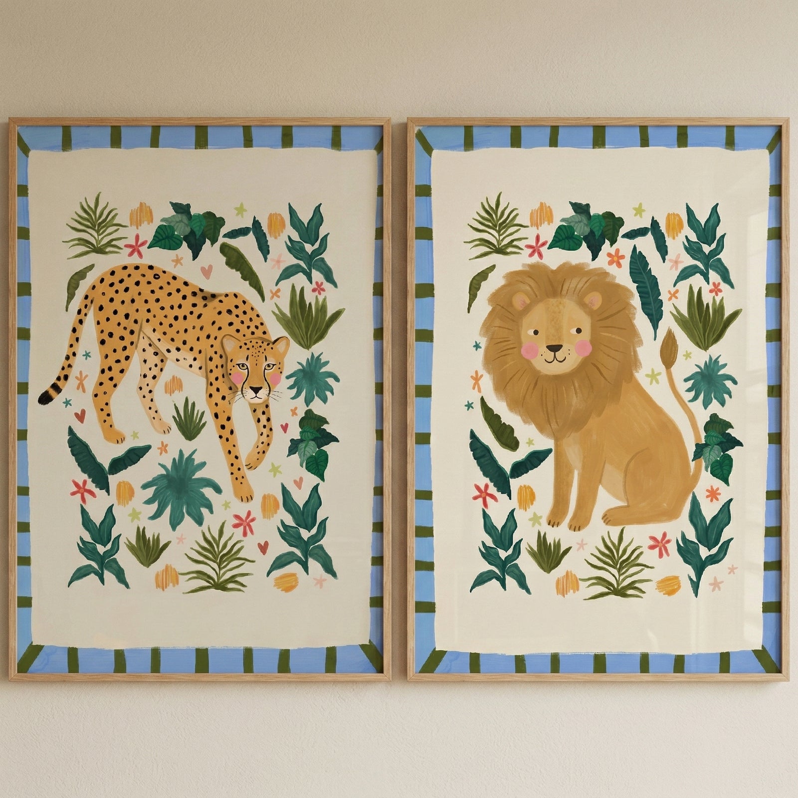 Blue striped safari animal wall art set of 2 with a leopard and lion among jungle foliage and colorful flowers.