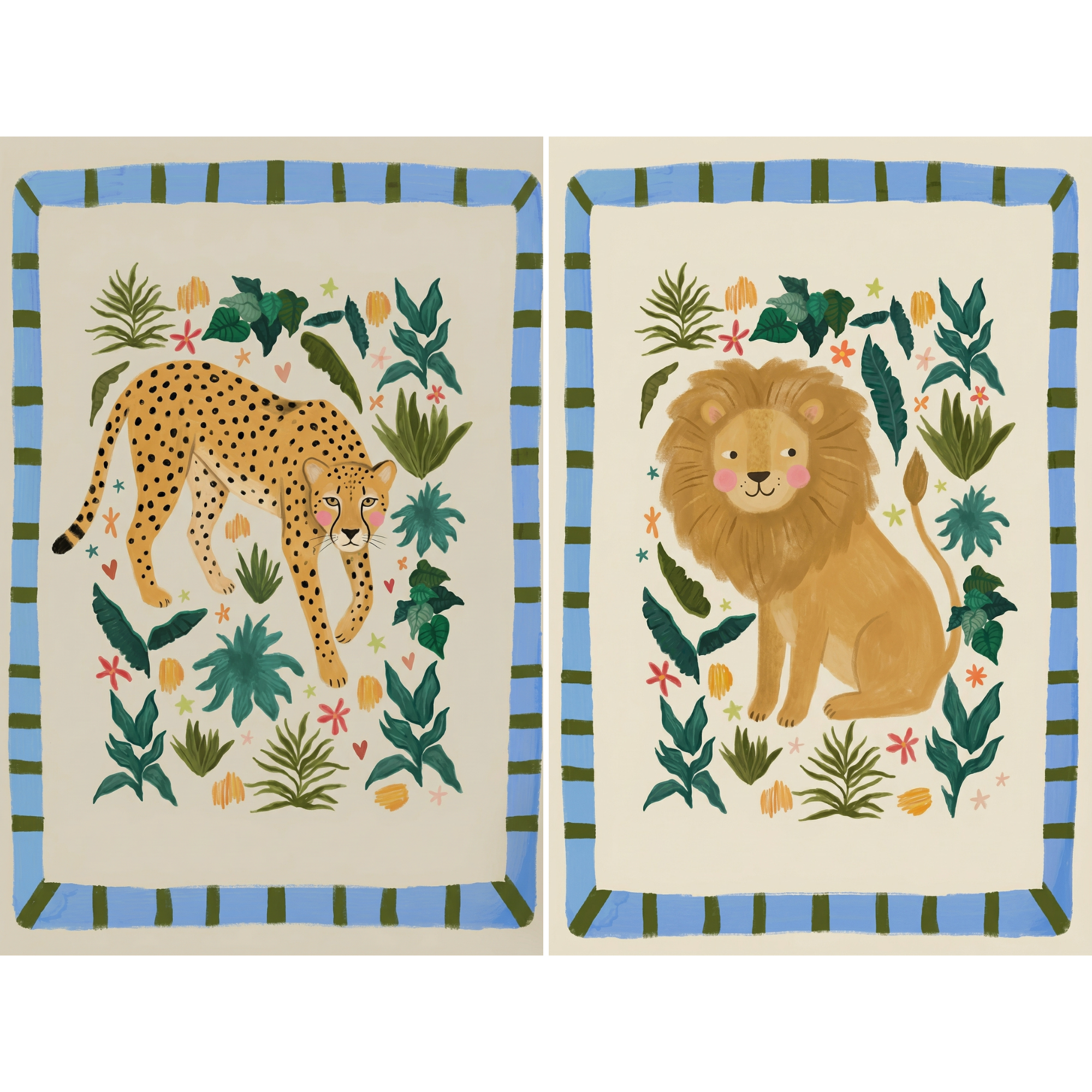 Blue Striped Safari Animal Wall Art Set of 2 - Golden Savanna Duo