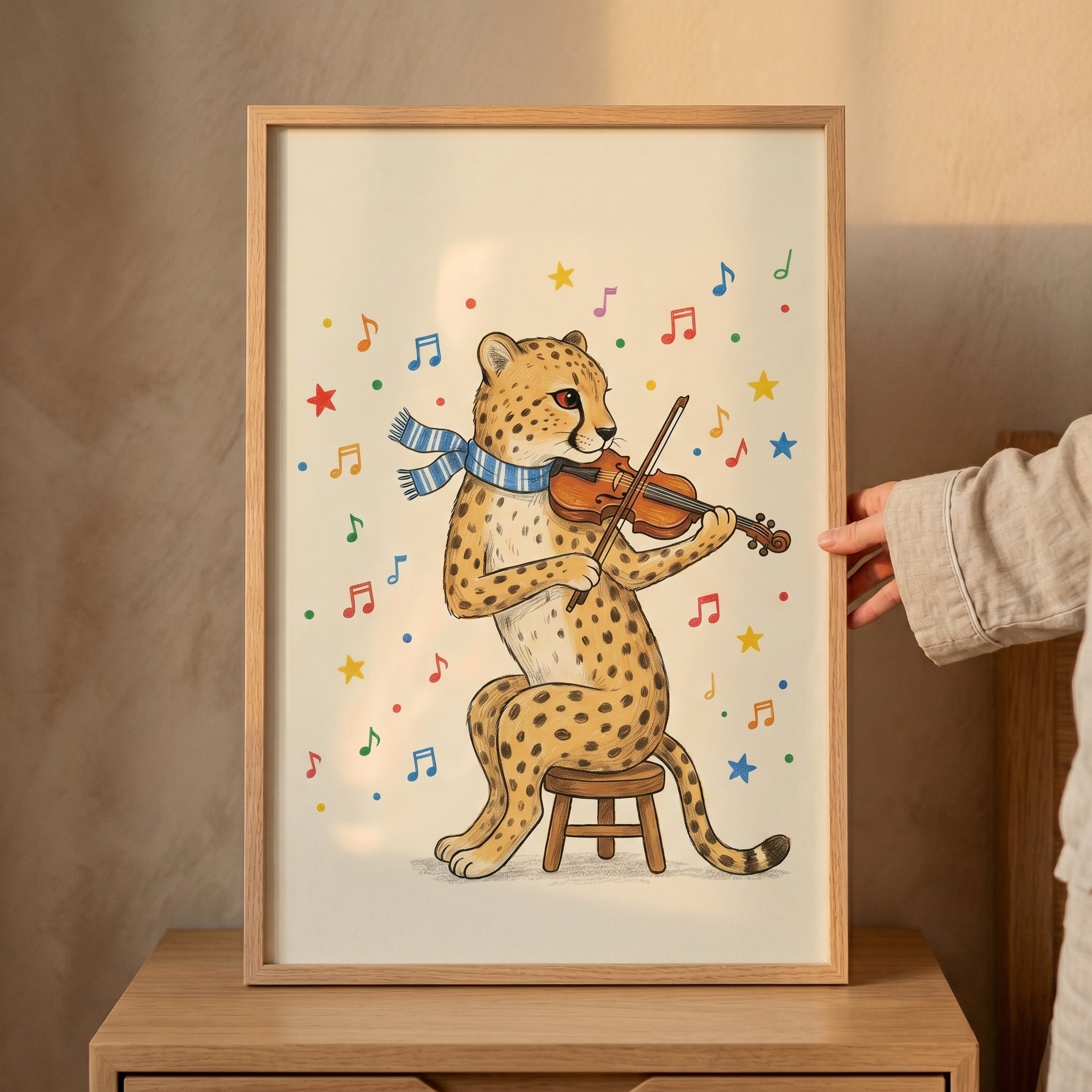 Blue Striped Scarf Cheetah Wall Art - Musical Cheetah