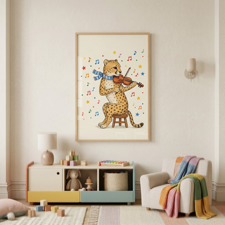 Framed blue striped scarf cheetah wall art hangs in a neutral nursery with a toy storage cabinet and a cozy armchair.
