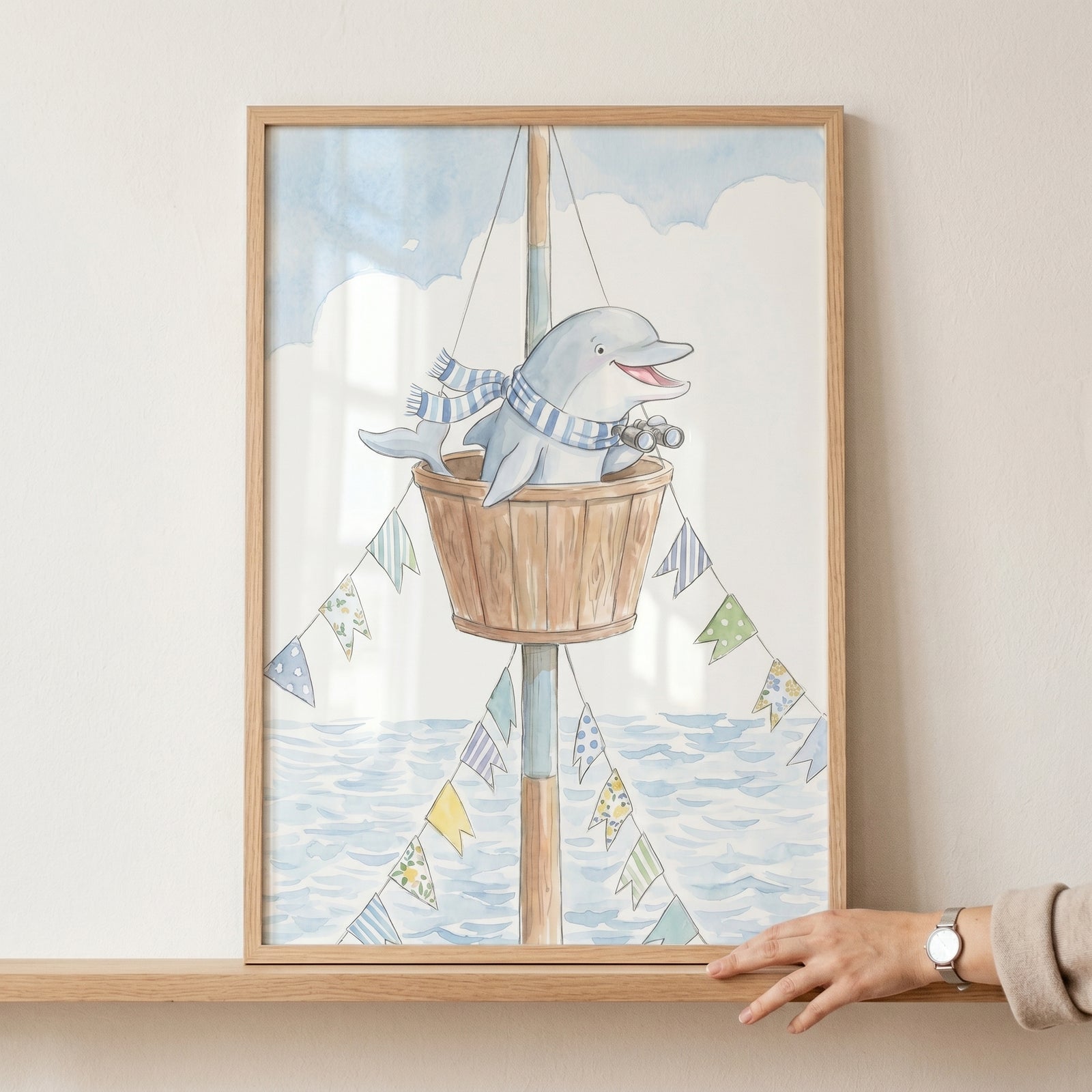 Blue striped scarf dolphin wall art showing a dolphin in a crow's nest with banners over blue ocean waves.