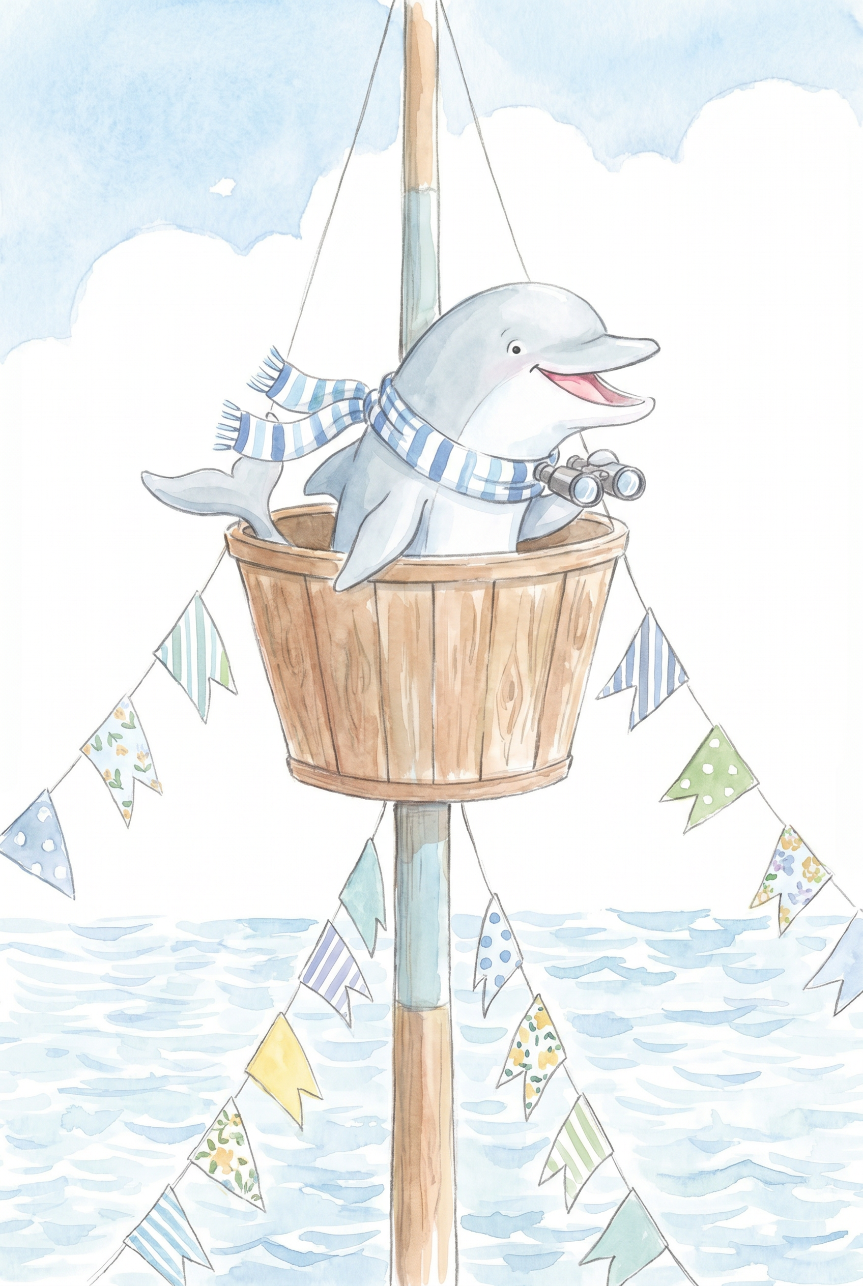 Blue Striped Scarf Dolphin Wall Art - Ocean Scout Dolphin