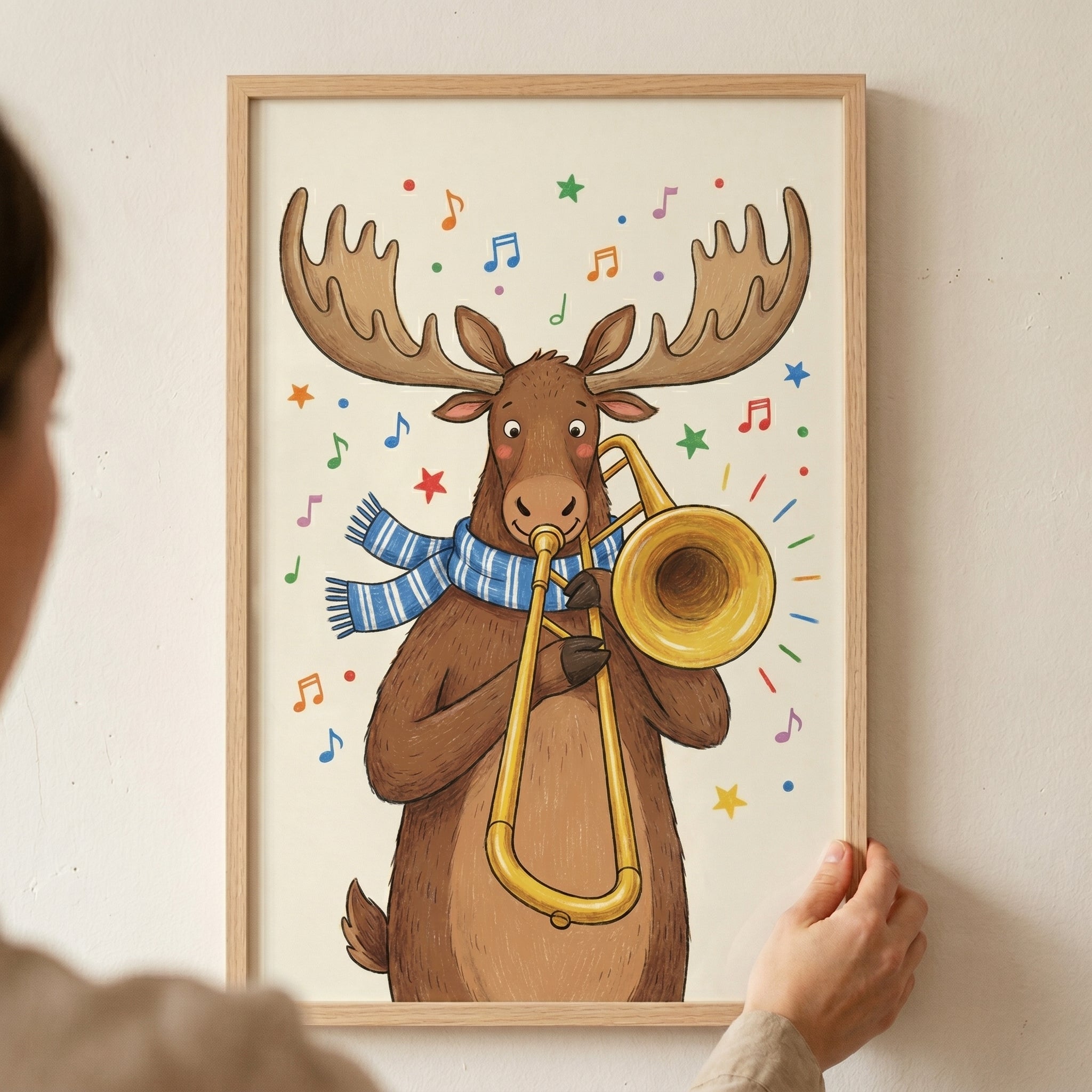 Blue Striped Scarf Moose Wall Art - Musical Brass Moose