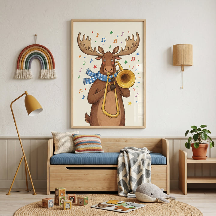 Blue striped scarf moose wall art hangs above a daybed in a nursery with a rainbow wall hanging and yellow floor lamp.
