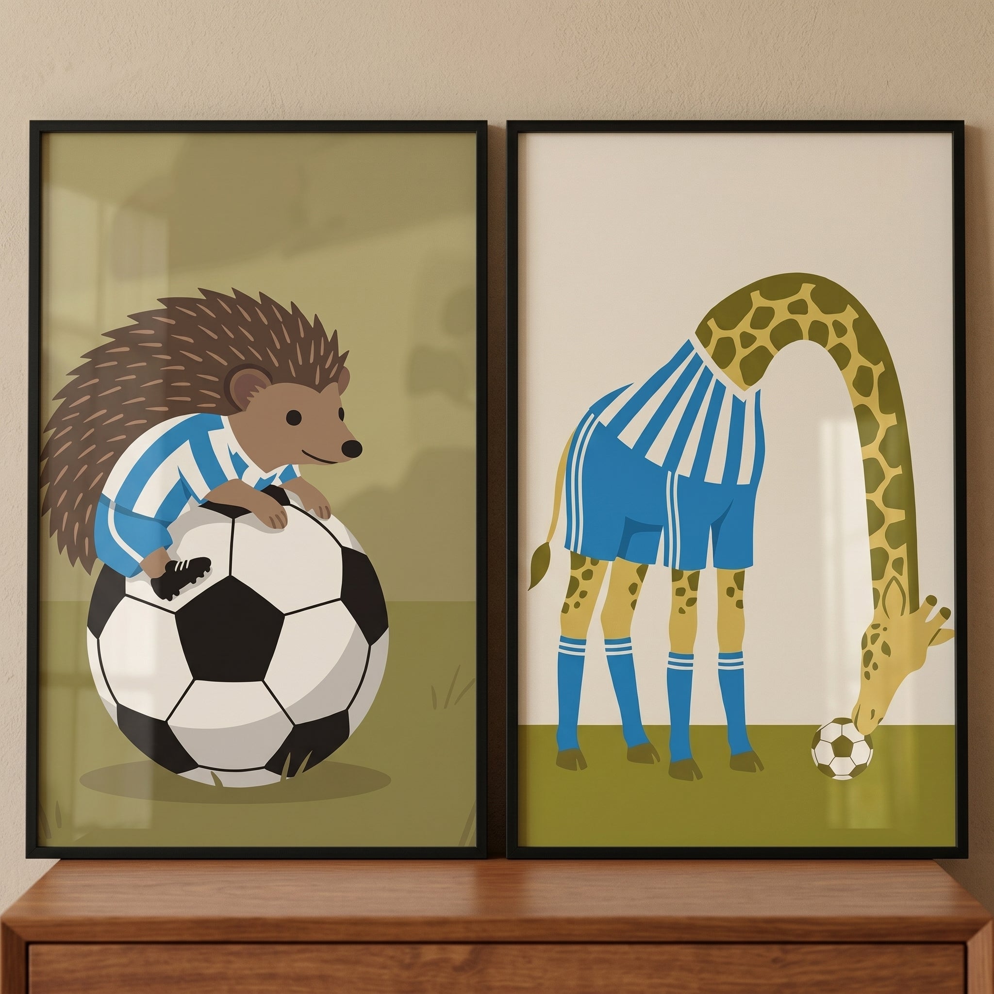 Blue Striped Soccer Animal Wall Art Set of 2 - Soccer Field Friends