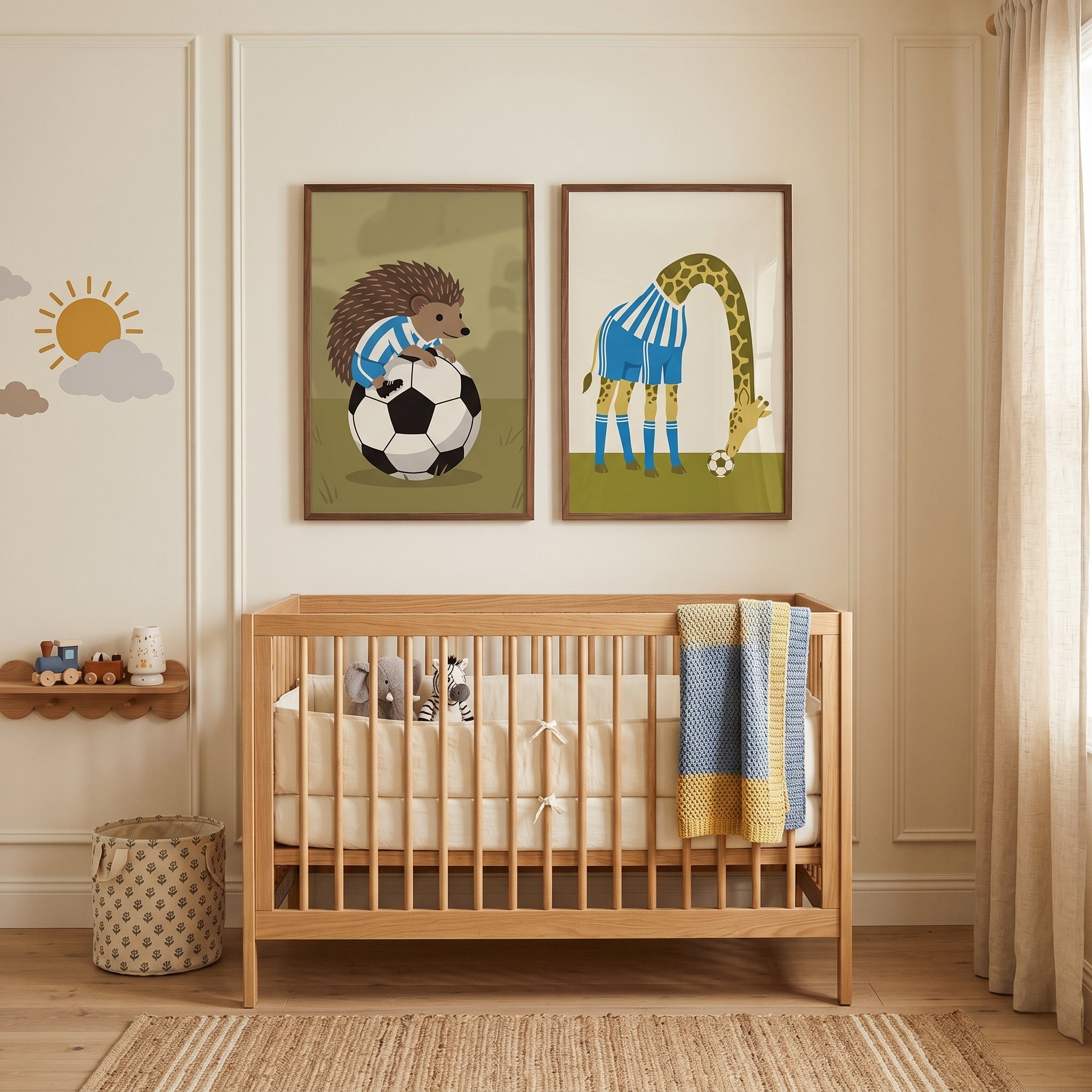 Blue Striped Soccer Animal Wall Art Set of 2 - Soccer Field Friends