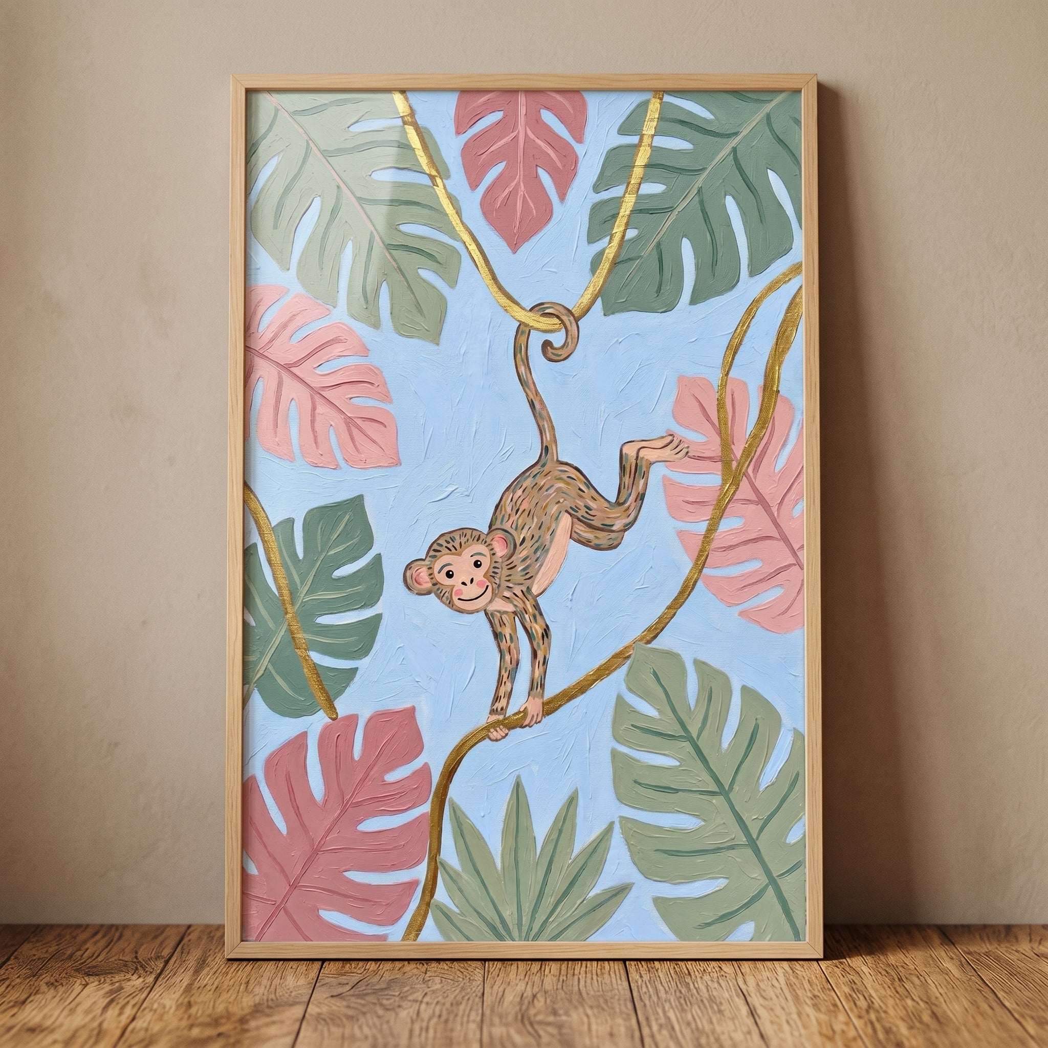 Blue Tropical Leaf Monkey Wall Art - Golden Jungle Swing