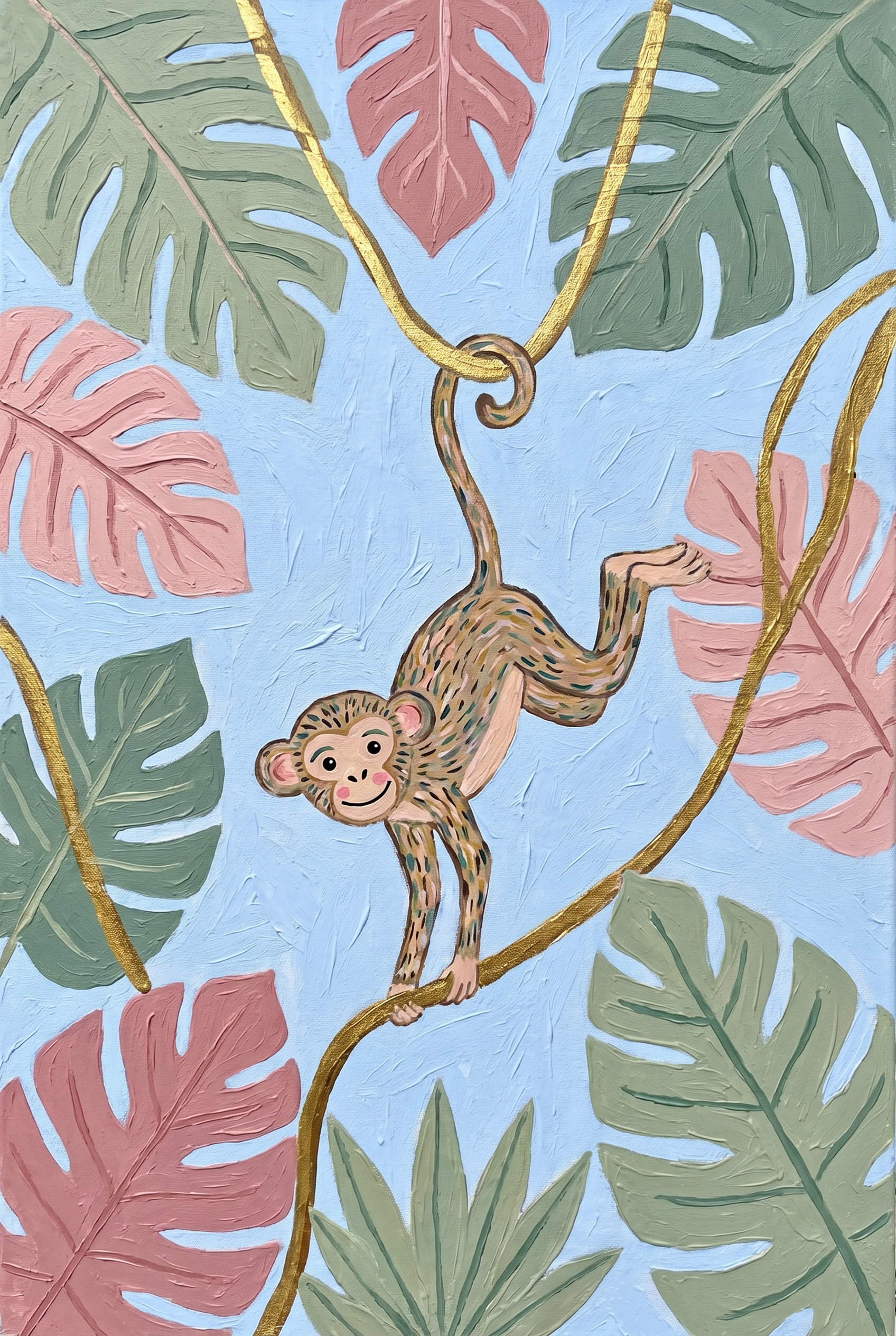 Blue Tropical Leaf Monkey Wall Art - Golden Jungle Swing