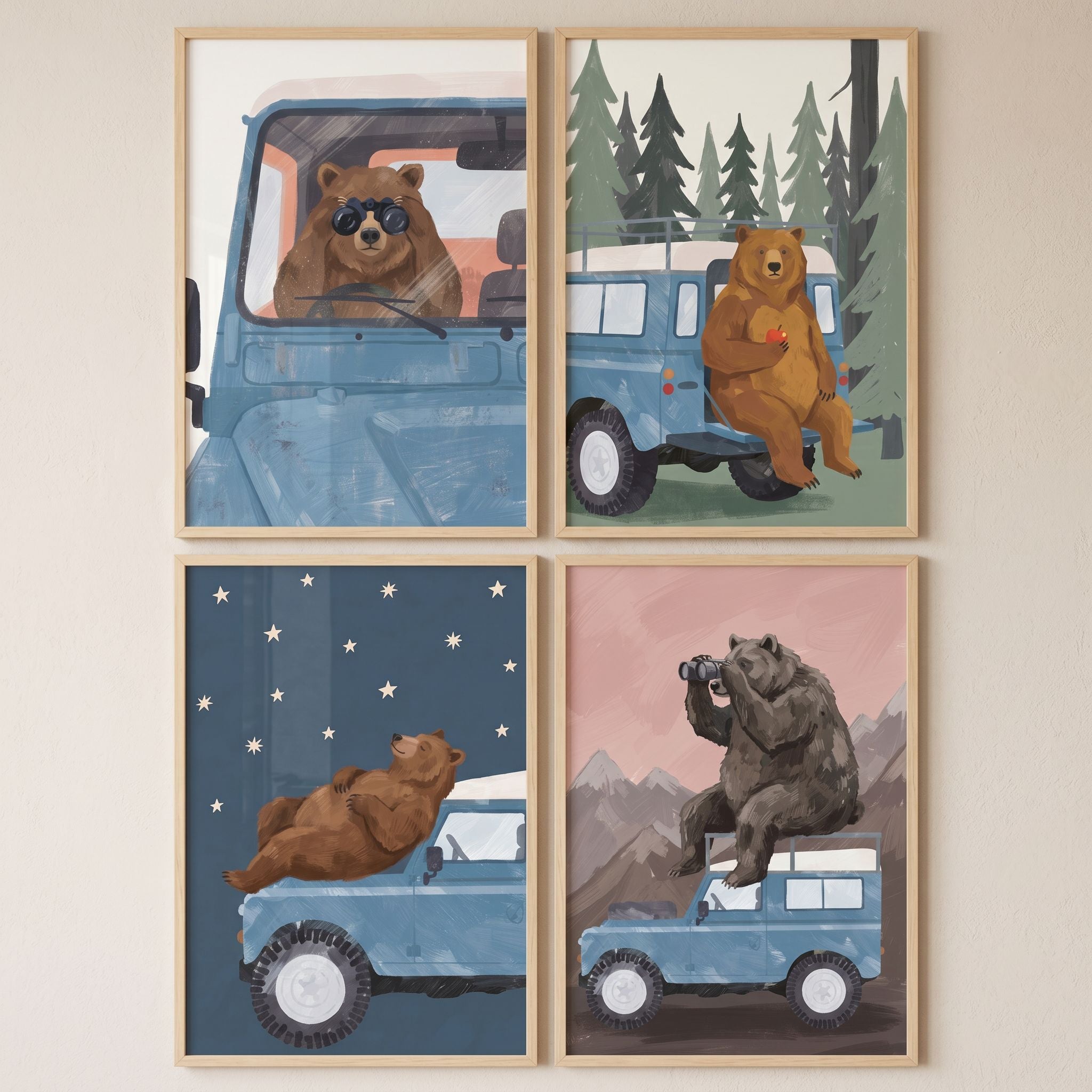 Blue Truck Brown Bear Wall Art Set of 4 - Bear Road Trip