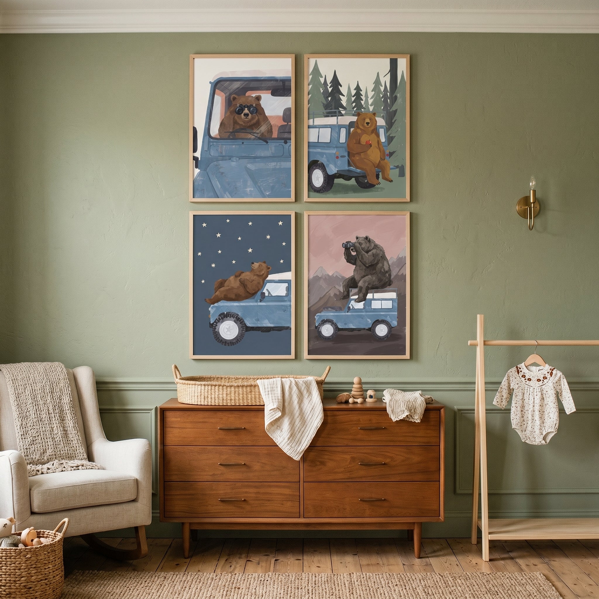 Blue Truck Brown Bear Wall Art Set of 4 - Bear Road Trip