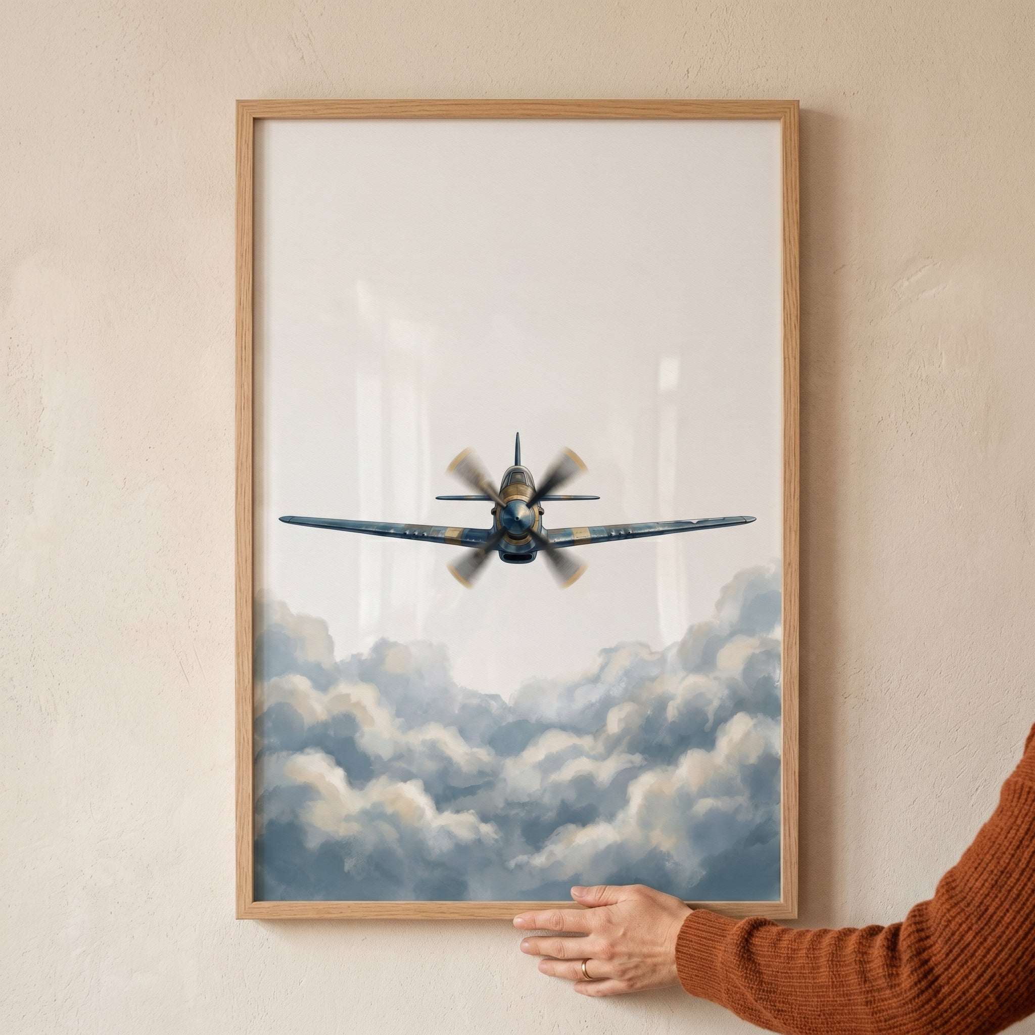Blue Gold Vintage Airplane Wall Art - Retro Aviation Decor