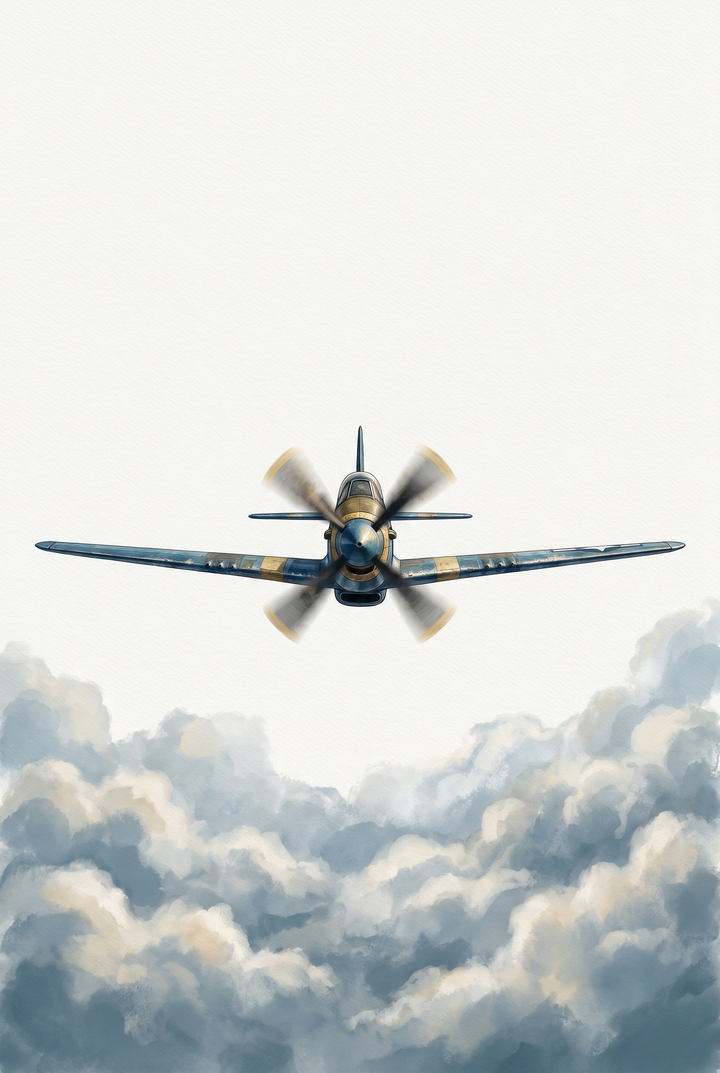 Blue vintage clouds airplane wall art features a blue and gold propeller plane flying head-on over soft clouds.