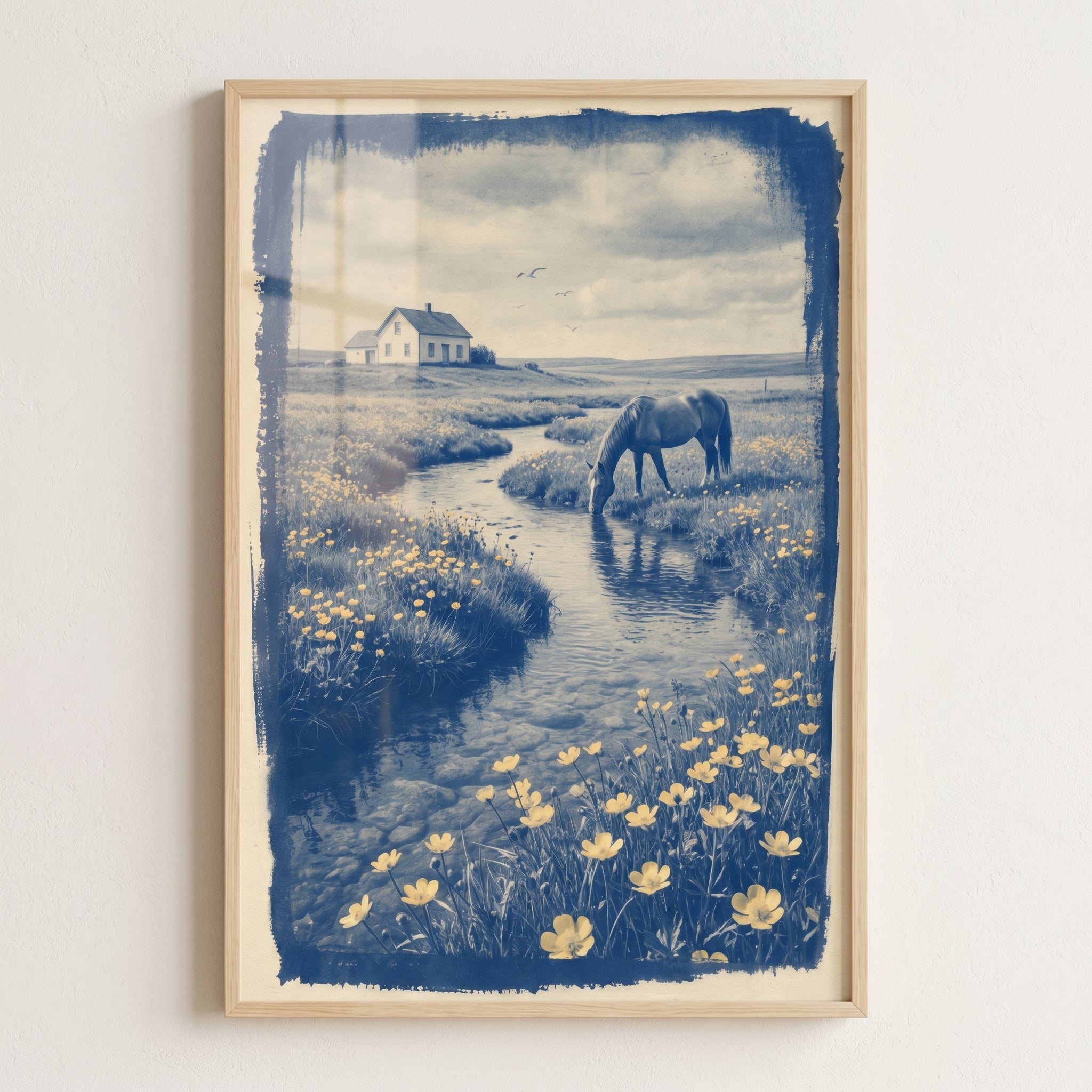 Blue Vintage Drinking Horse Wall Art - Indigo Meadow Stream