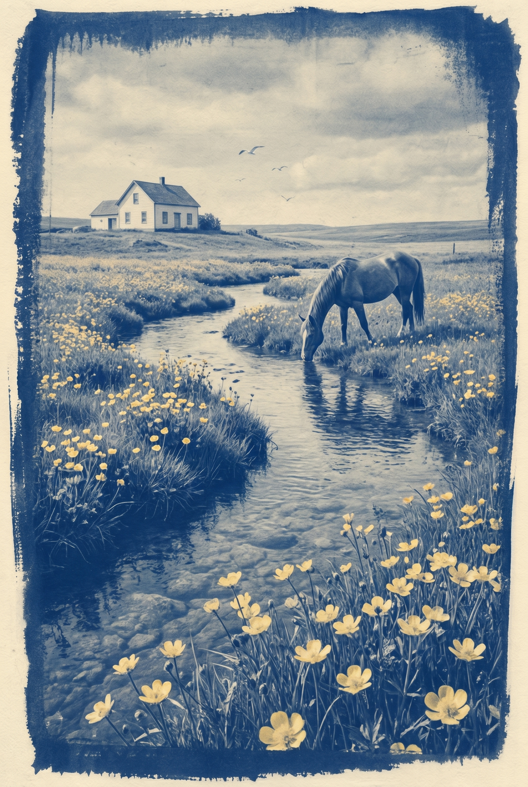 Blue Vintage Drinking Horse Wall Art - Indigo Meadow Stream