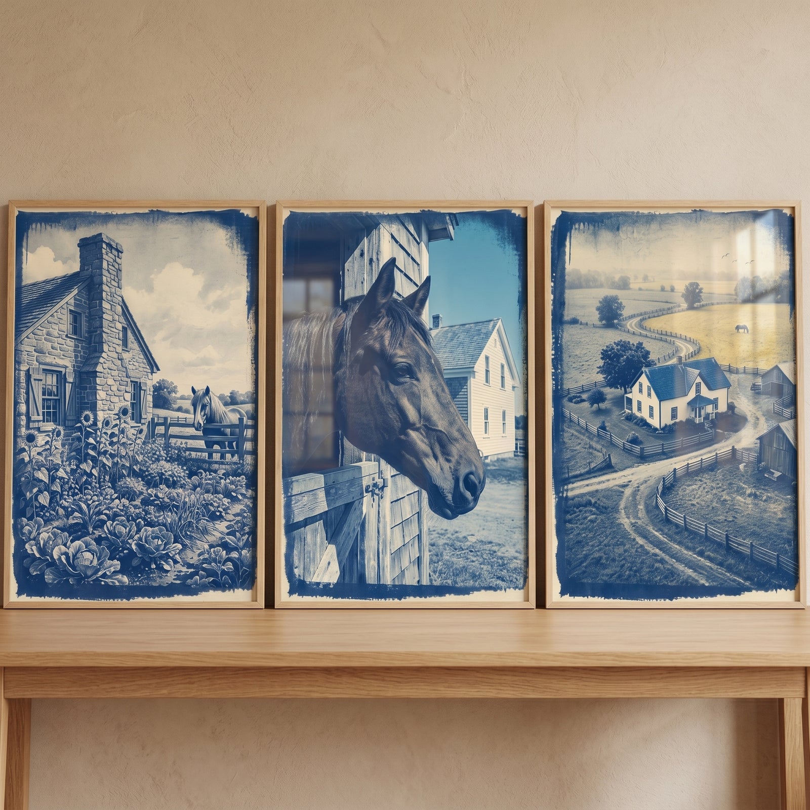 Blue vintage horse farm wall art set of 3 showing a farmhouse, a horse in a stable, and a scenic country landscape.