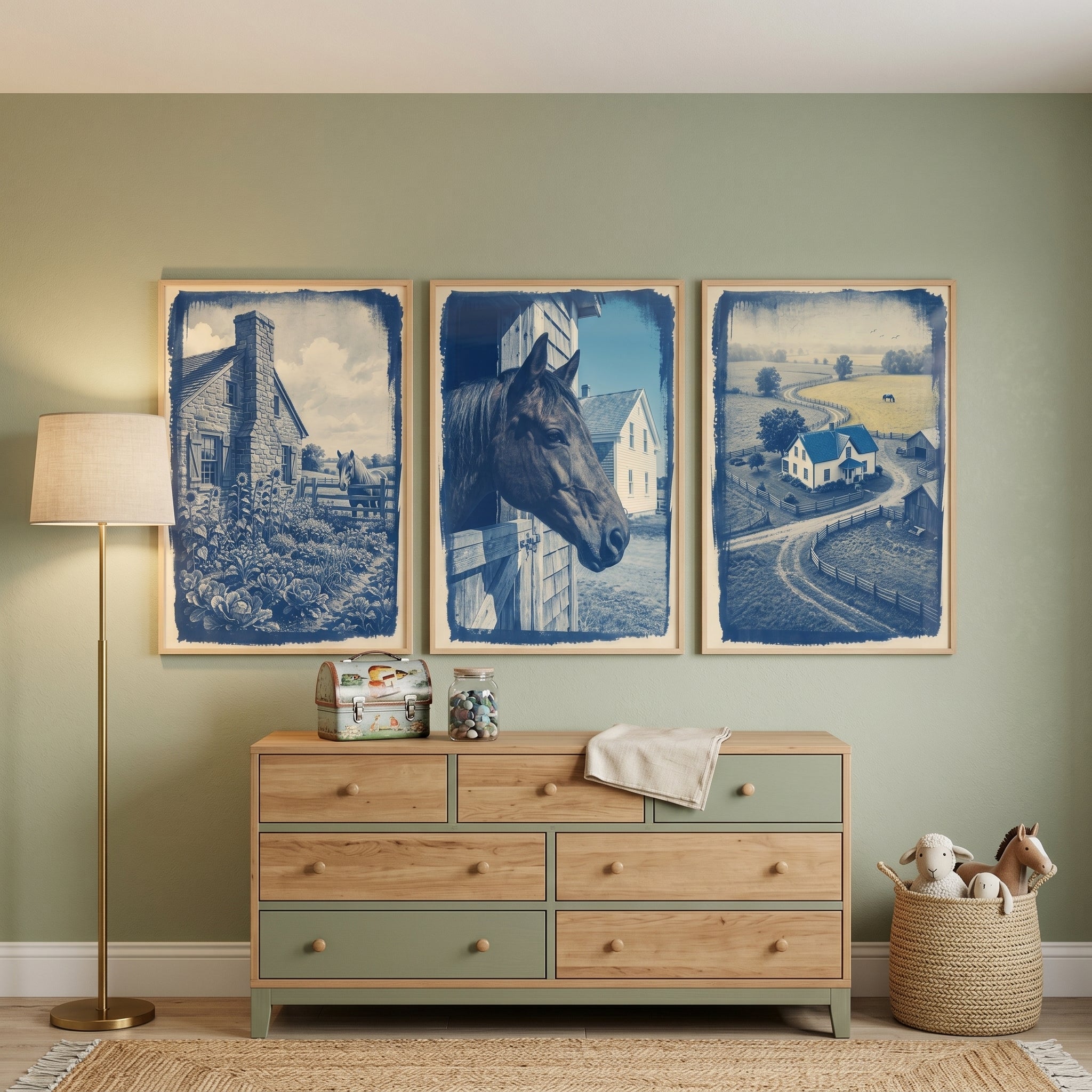Blue Vintage Horse Farm Wall Art Set of 3 - Rustic Blue Farm