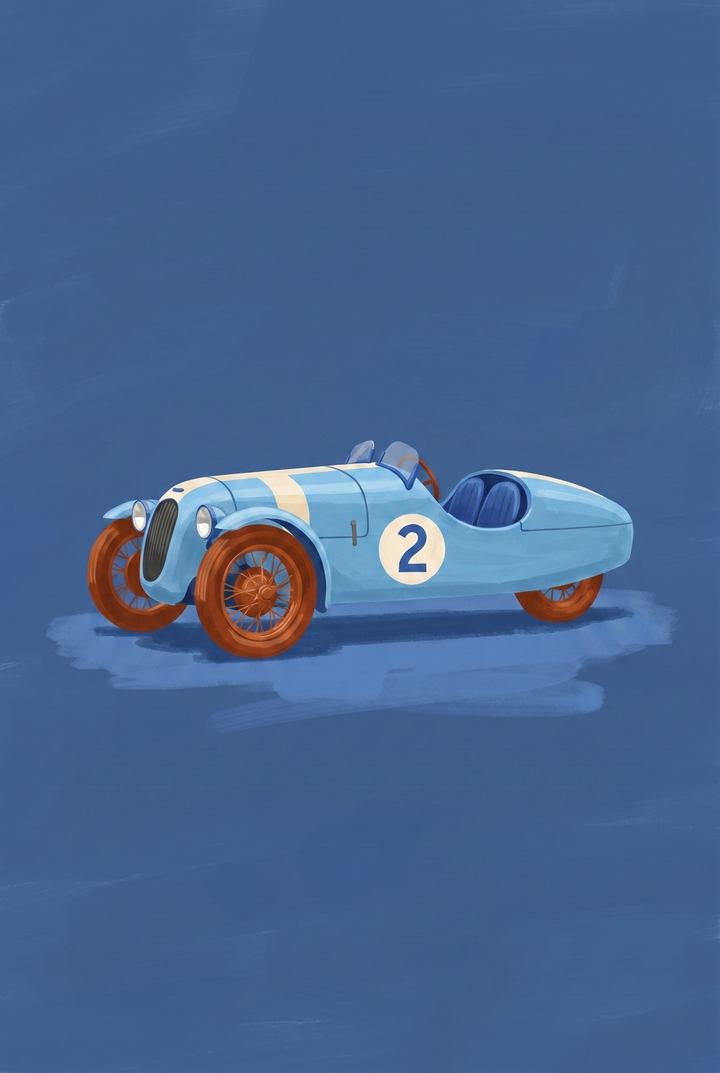 Blue vintage race car wall art of a light blue number two racer with orange spoked wheels against a dark blue background.