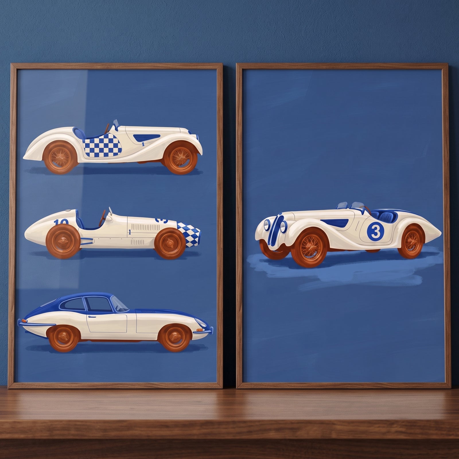 Blue vintage racing car wall art set of 2 featuring four white and blue classic vehicle illustrations in wooden frames.