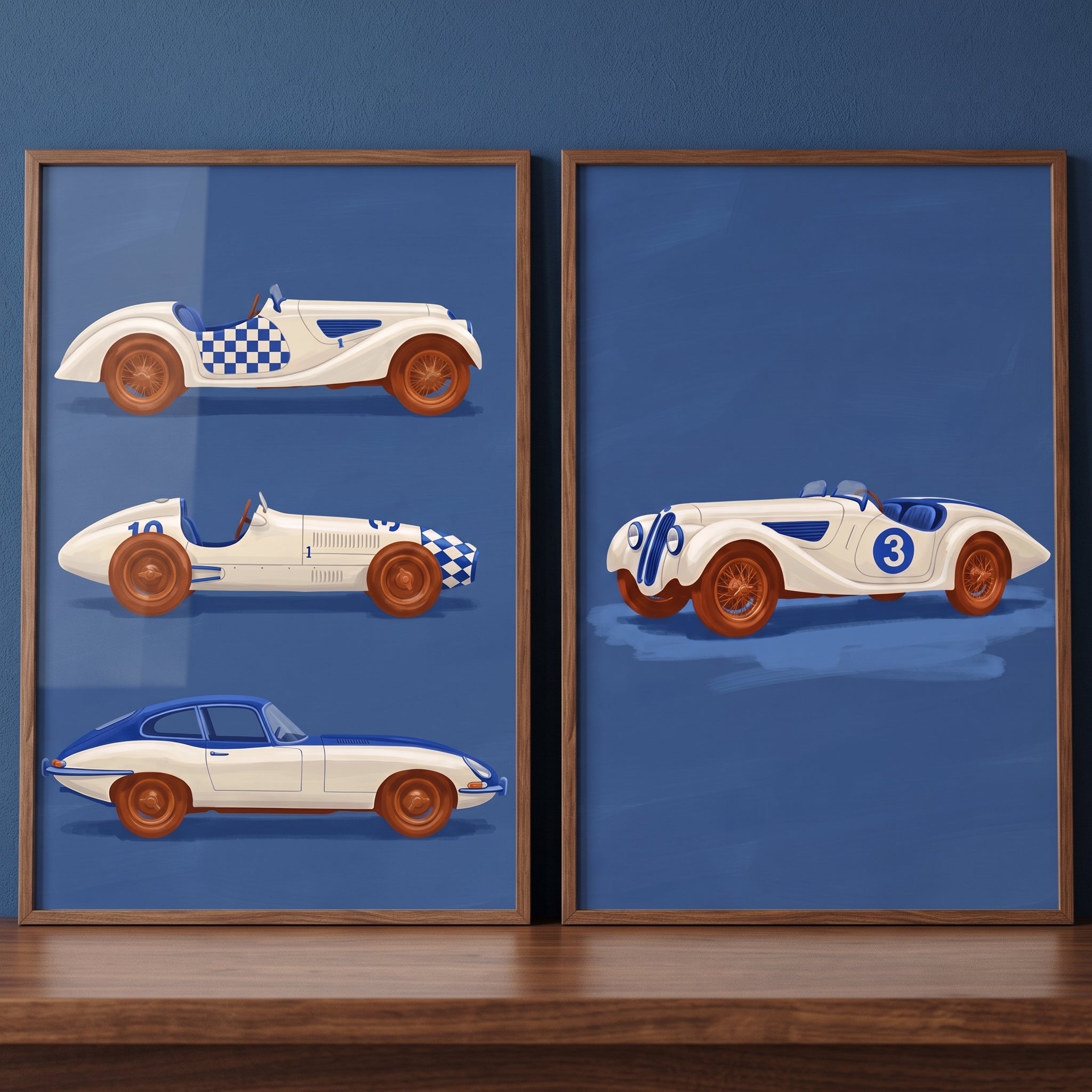Blue Vintage Racing Car Wall Art Set of 2 - Vintage Racing Heritage