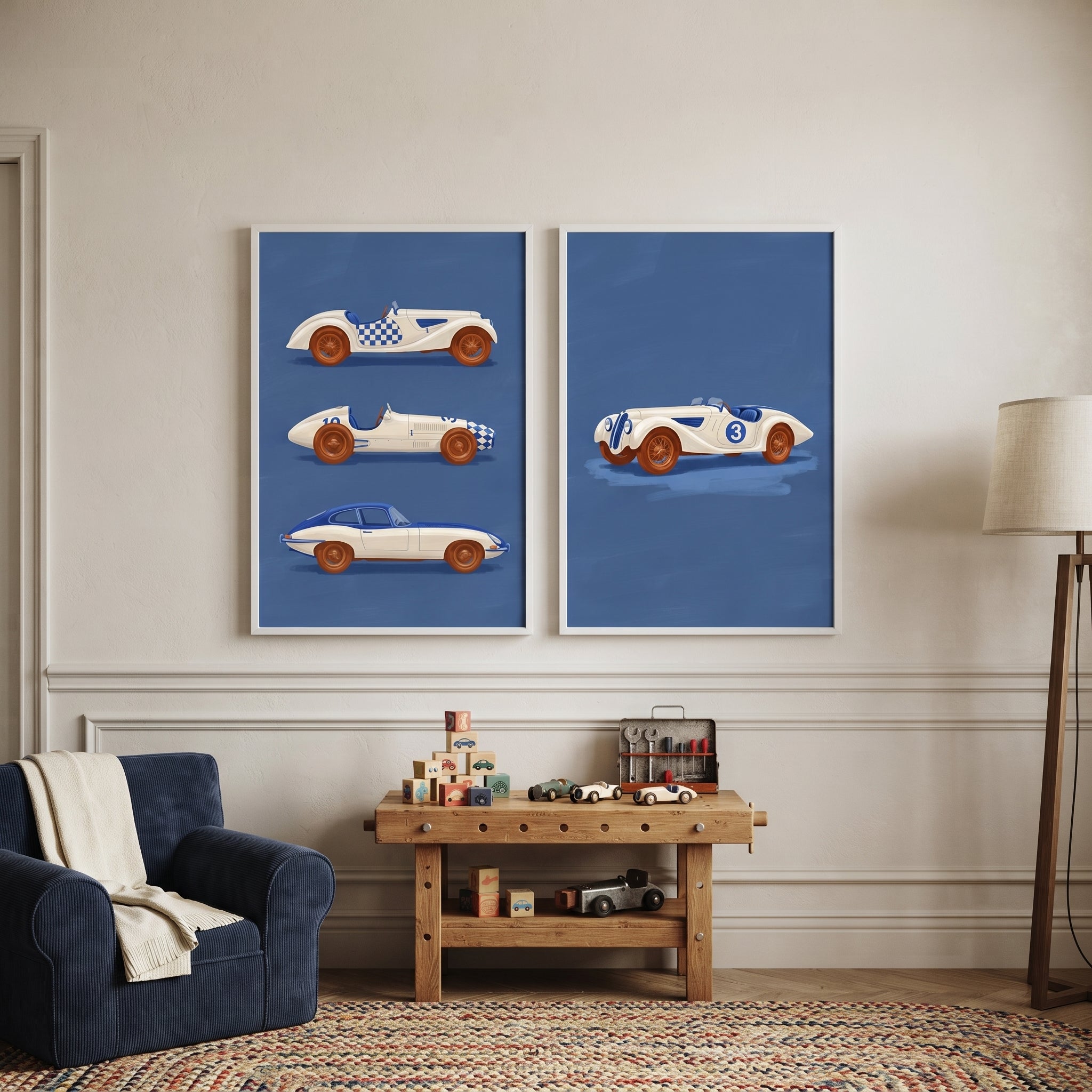 Blue Vintage Racing Car Wall Art Set of 2 - Vintage Racing Heritage
