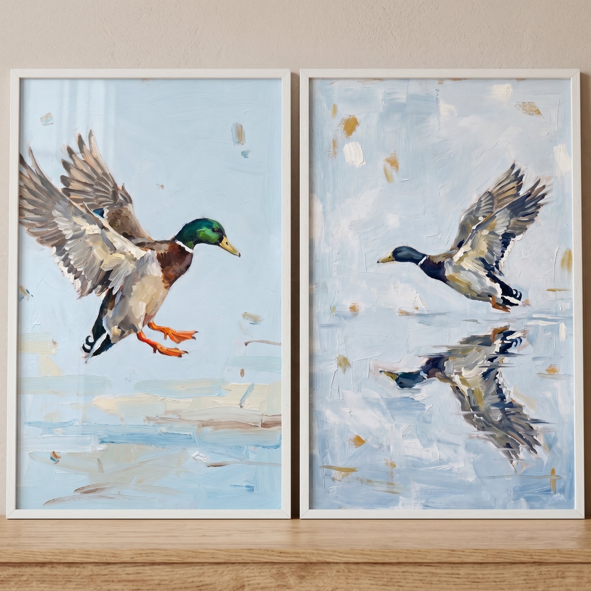 Blue Water Flying Mallard Wall Art Set of 2 - Mallard Flight Duo