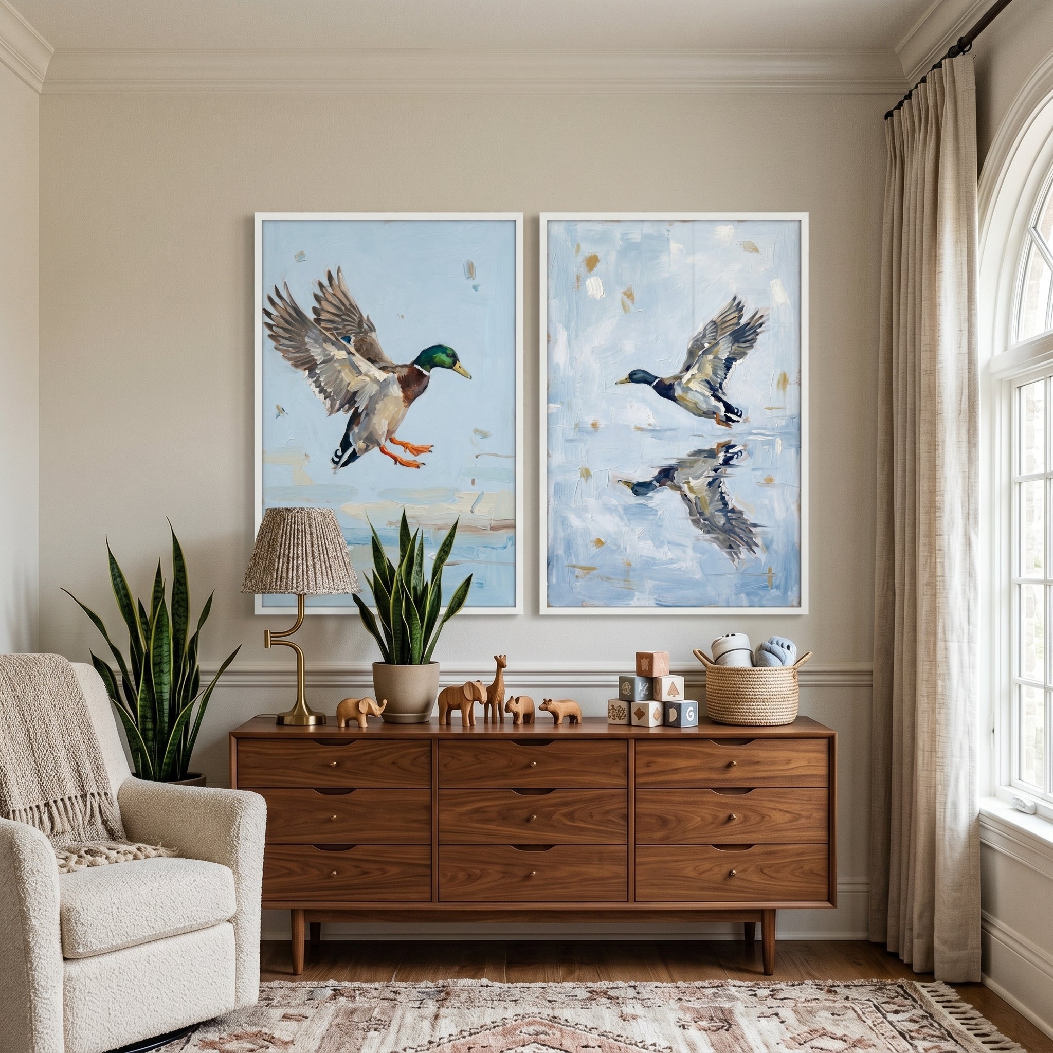 Blue Water Flying Mallard Wall Art Set of 2 - Mallard Flight Duo
