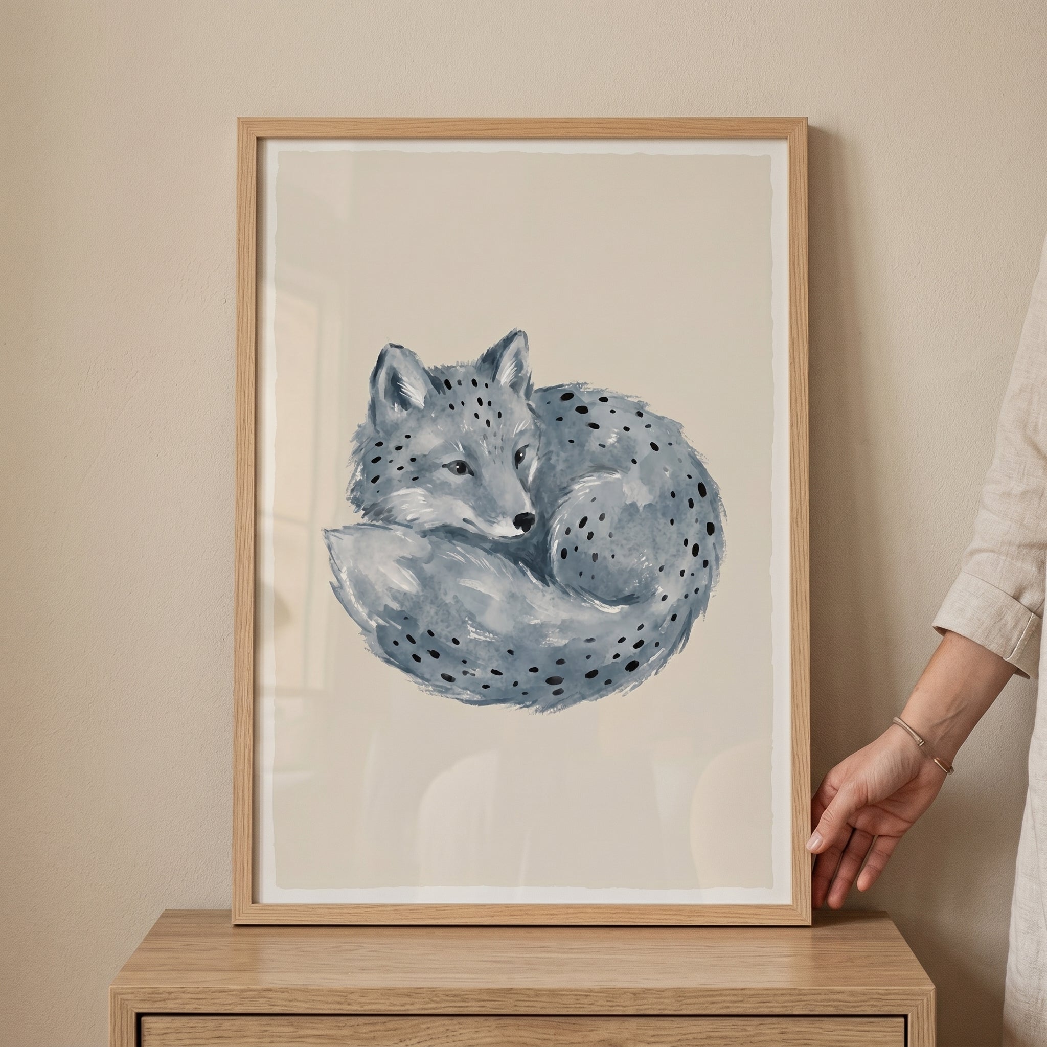 Blue Watercolor Curled Fox Wall Art - Speckled Blue Fox