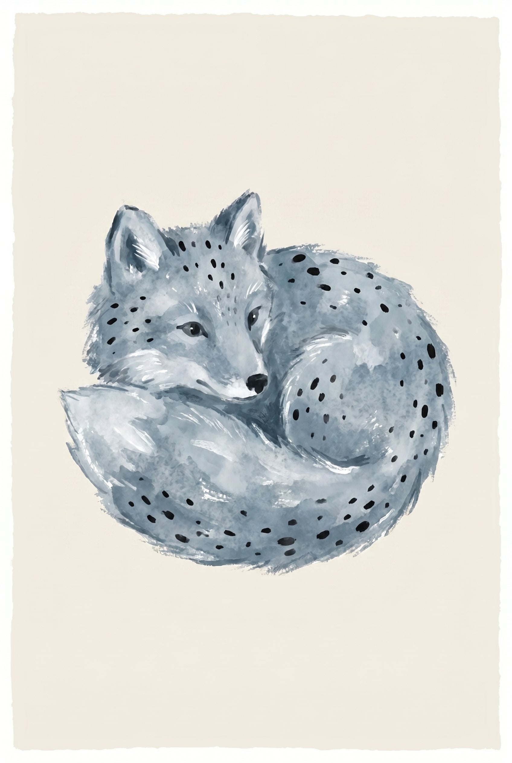 Blue Watercolor Curled Fox Wall Art - Speckled Blue Fox