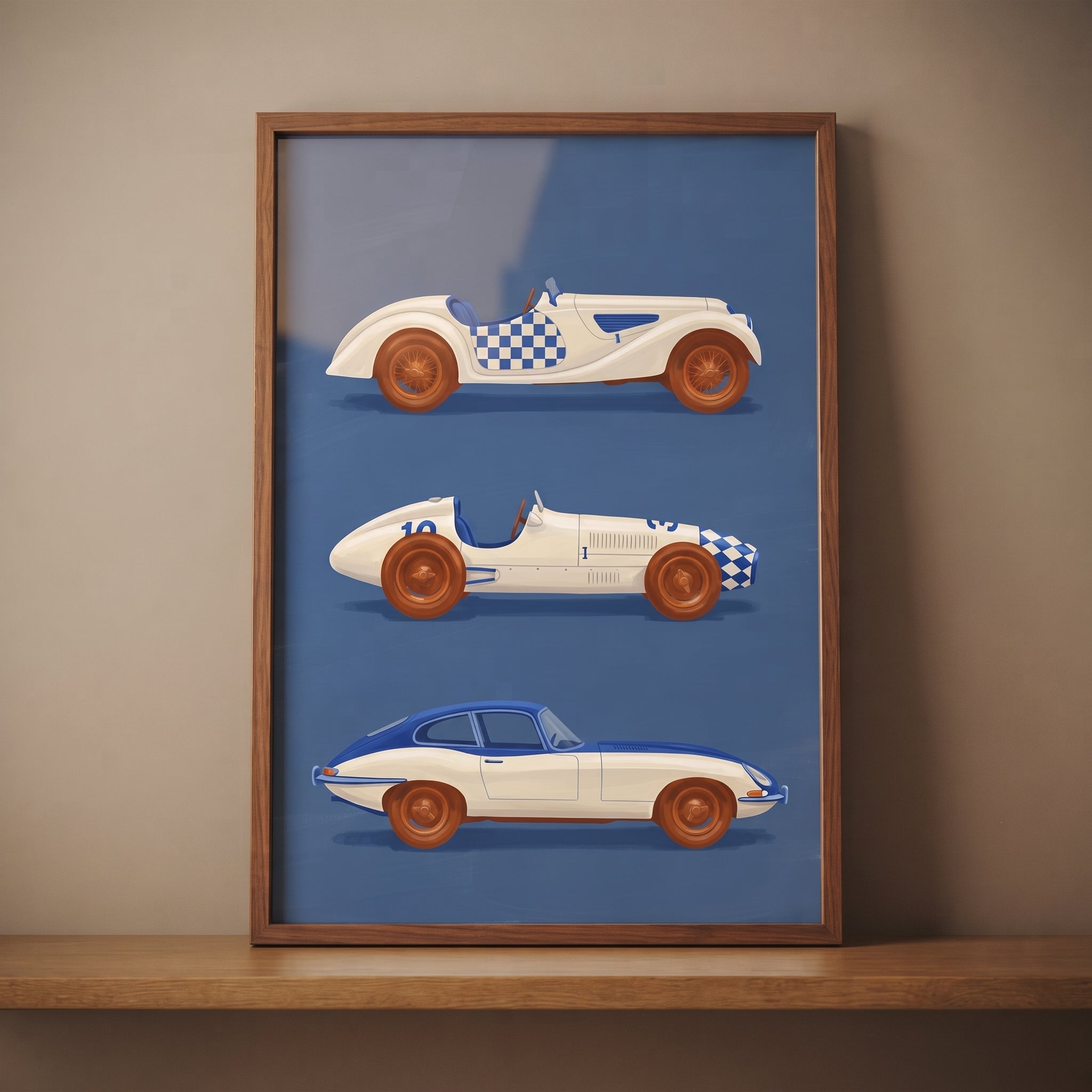 Blue White Classic Car Wall Art - Vintage Blue Racers
