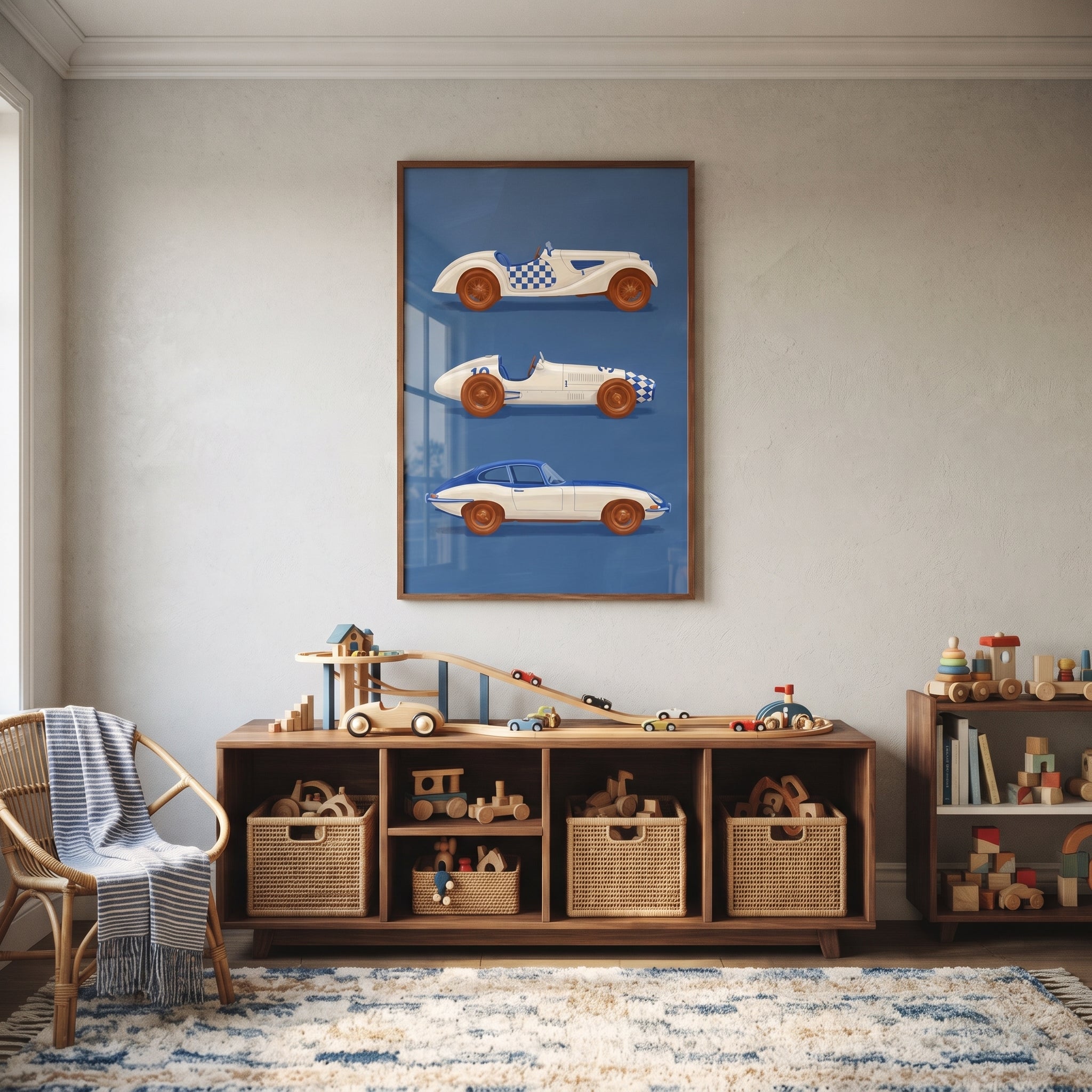 Blue White Classic Car Wall Art - Vintage Blue Racers