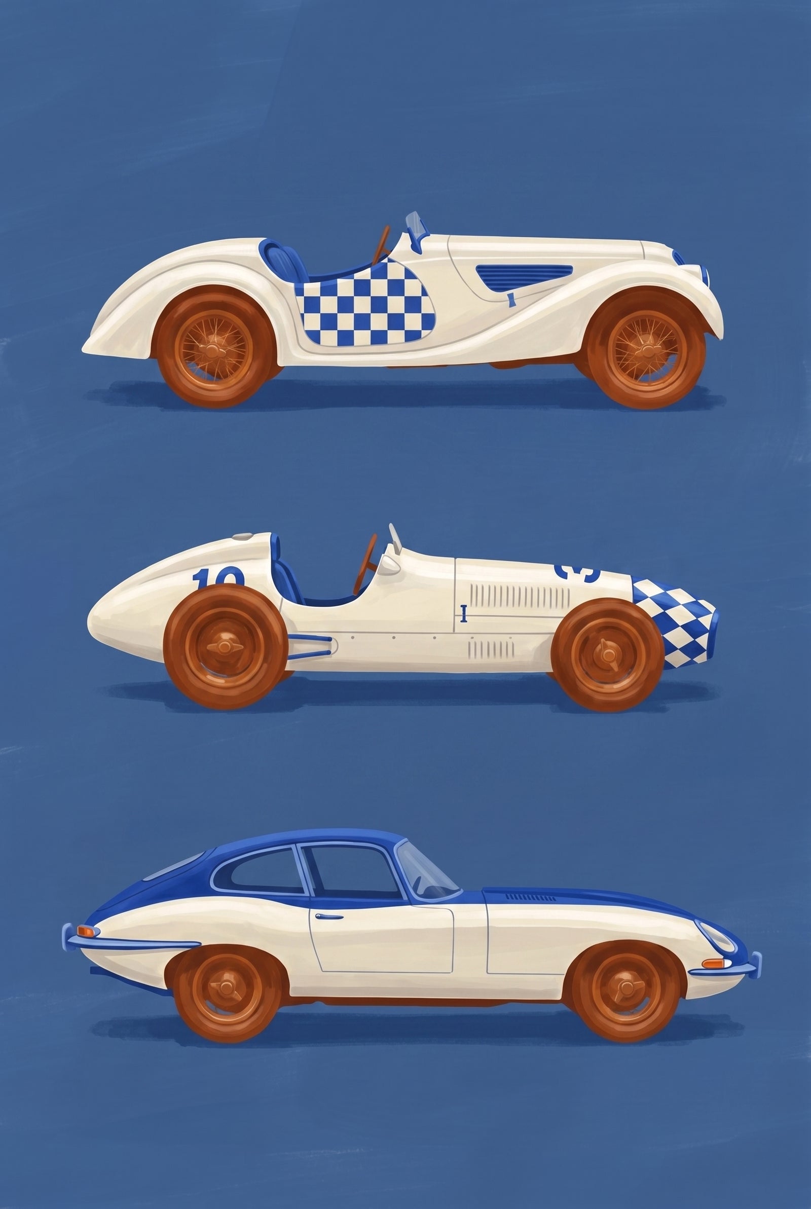Framed blue white classic car wall art shows three vintage racing vehicles in profile against a solid blue backdrop.
