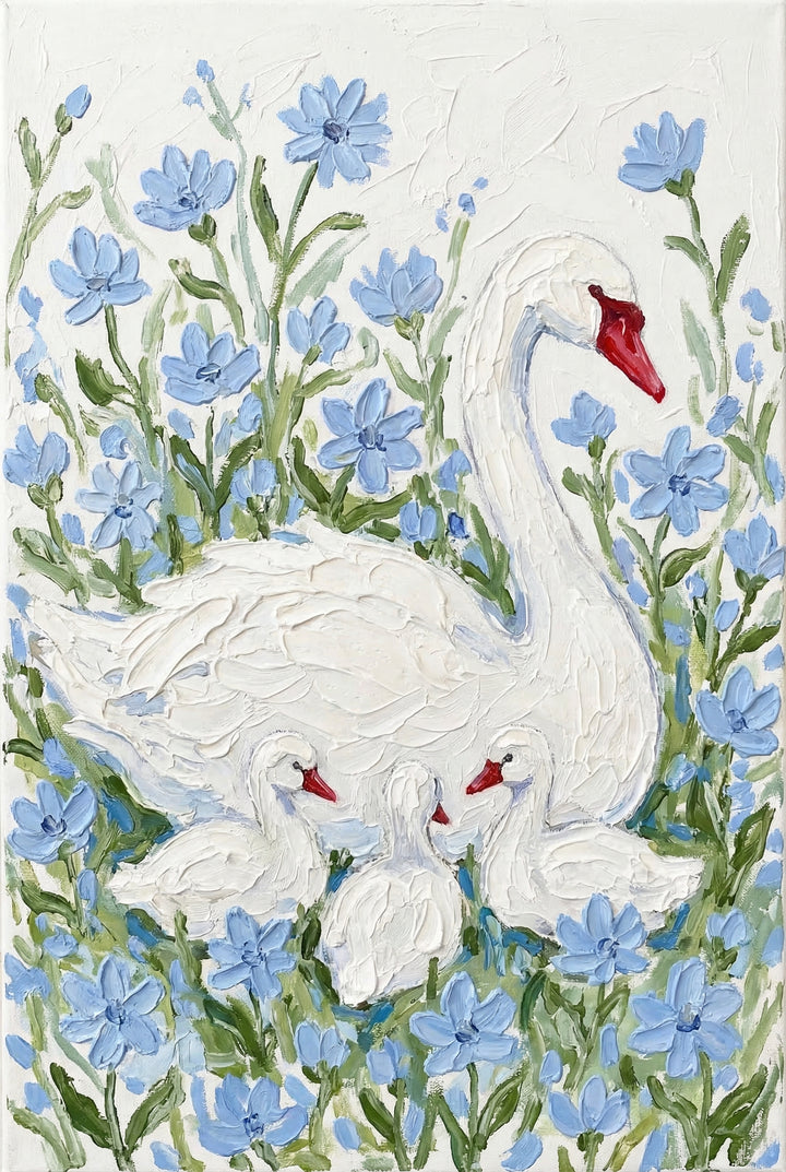 A heavily textured artwork rendered in an impasto style depicts a large white swan and three small cygnets nestled together. The scene is set within a dense field of pale blue flowers with slender green stems. Thick, visible strokes create a three-dimensional effect across the entire surface, giving a tactile quality to the swans' feathers and the flower petals. The swans feature bright red beaks that stand out against their pristine white forms, all set against a creamy, textured background.