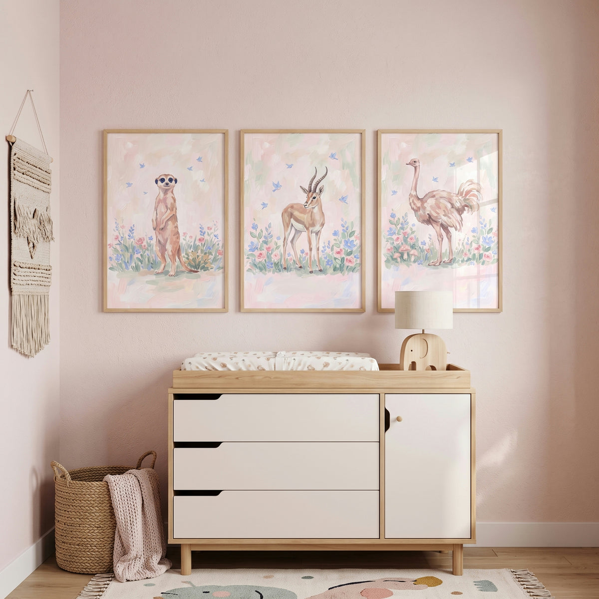 Blue Wildflower Safari Animals Wall Art Set Of 3 - Safari Meadow Friends