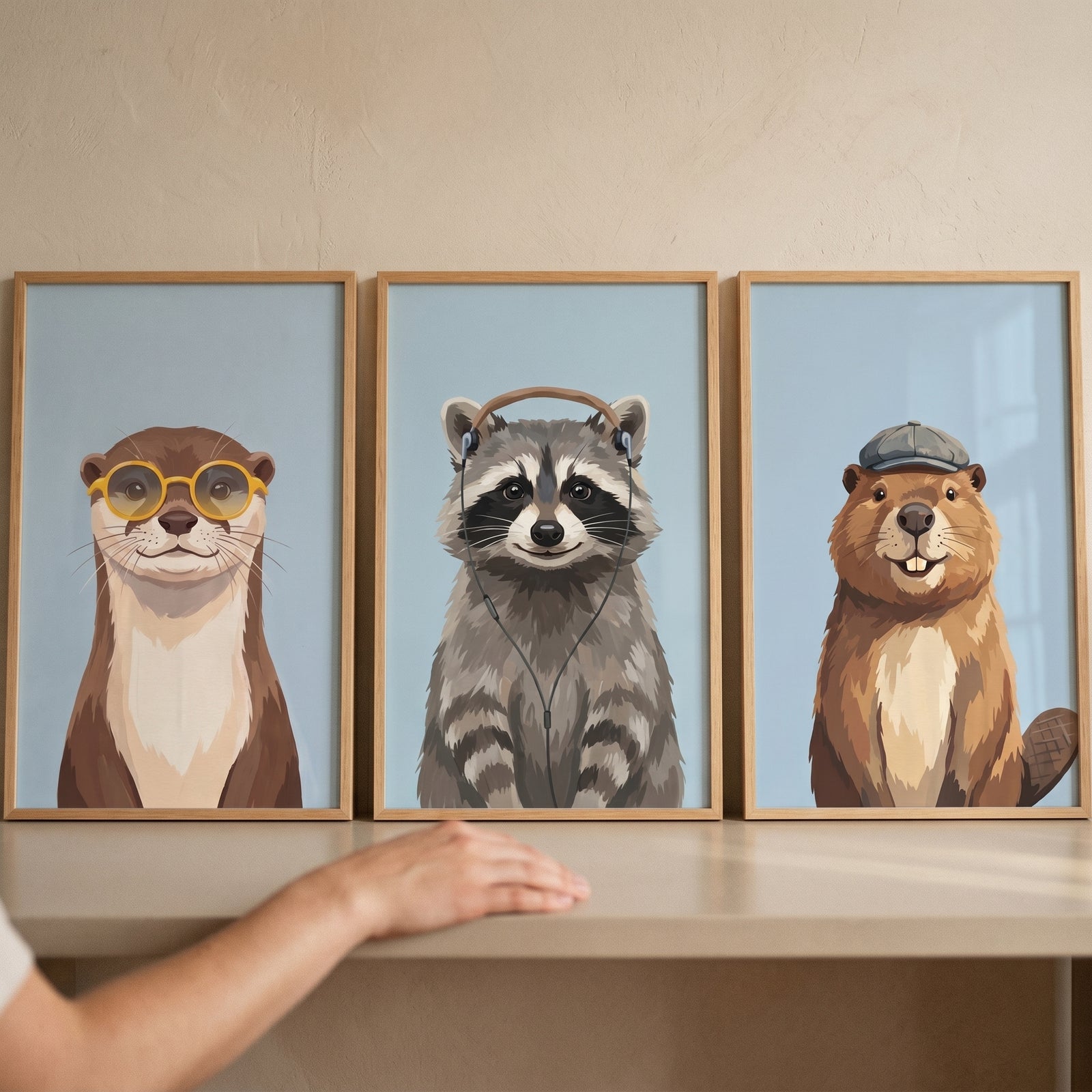 Blue wildlife animal artwork set of 3 featuring an otter with glasses, a raccoon with headphones, and a beaver in a hat.