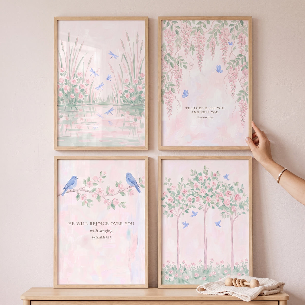 Blue winged garden creature wall art set of 4 featuring watercolor nature scenes and bible verses in light wood frames.