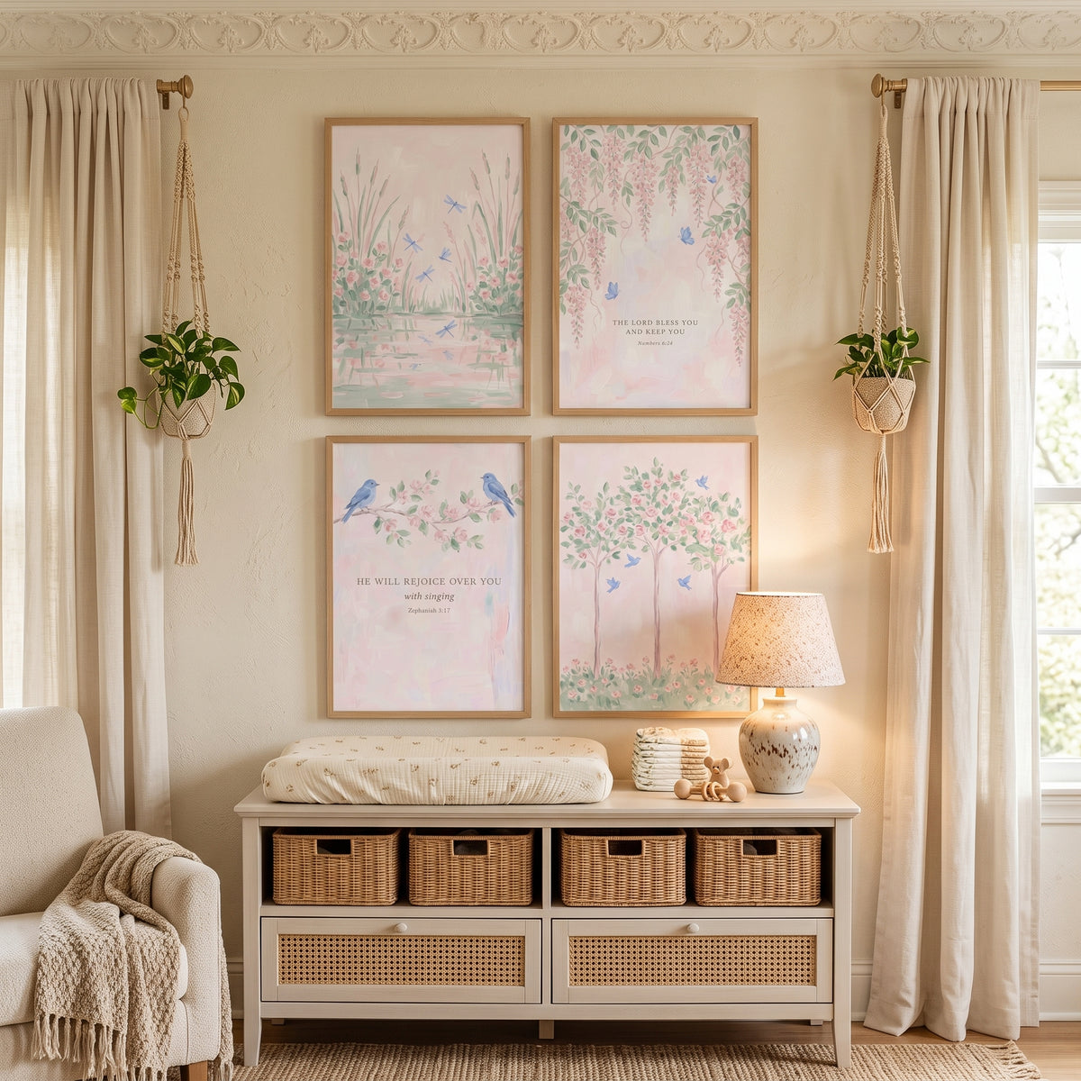 Blue Winged Garden Creature Wall Art Set of 4 - Pastel Scriptural Meadow