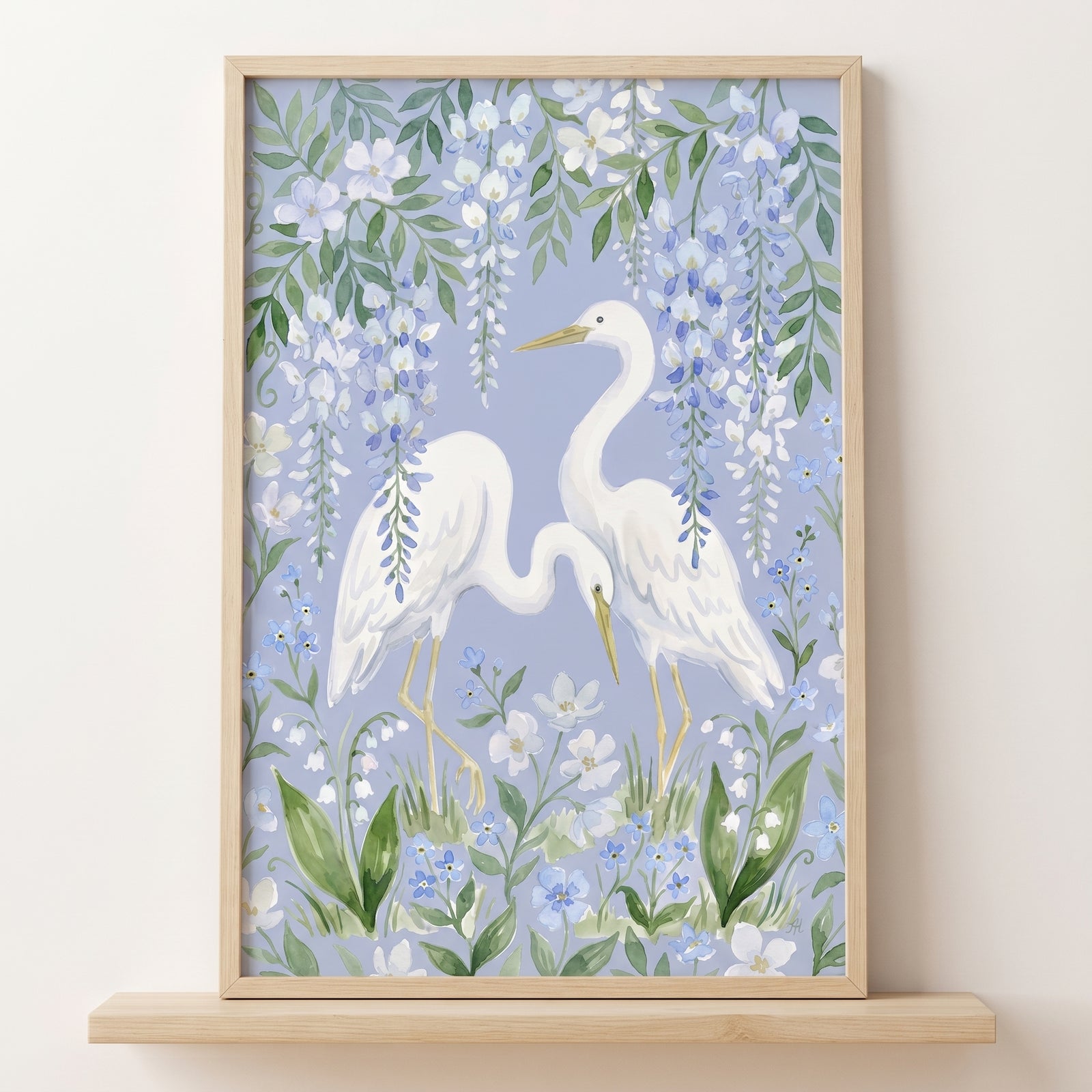 Two white egrets stand among hanging vines and blooms in this blue wisteria white egret bird wall art.