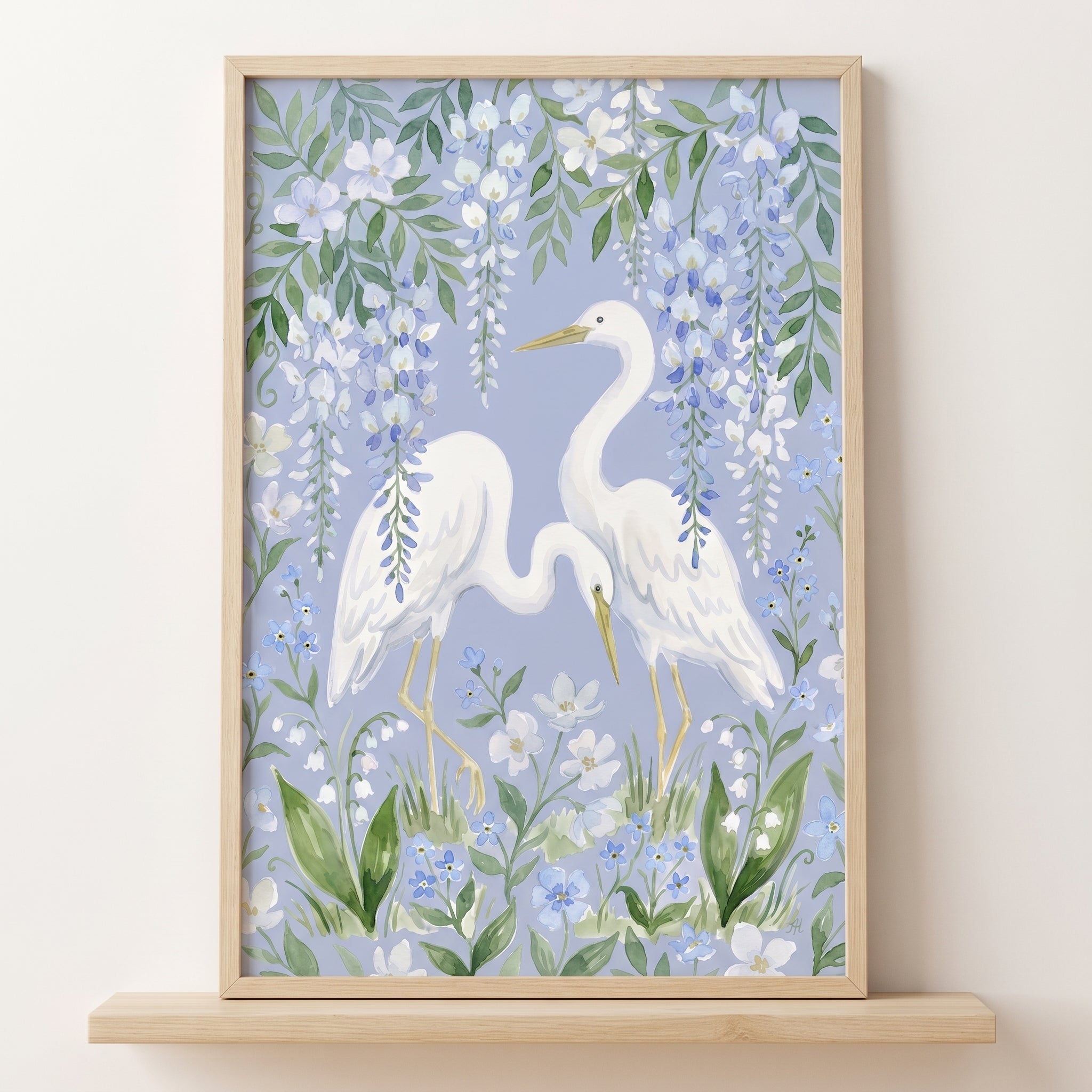 Blue Wisteria White Egret Bird Wall Art - Wisteria Garden Egrets