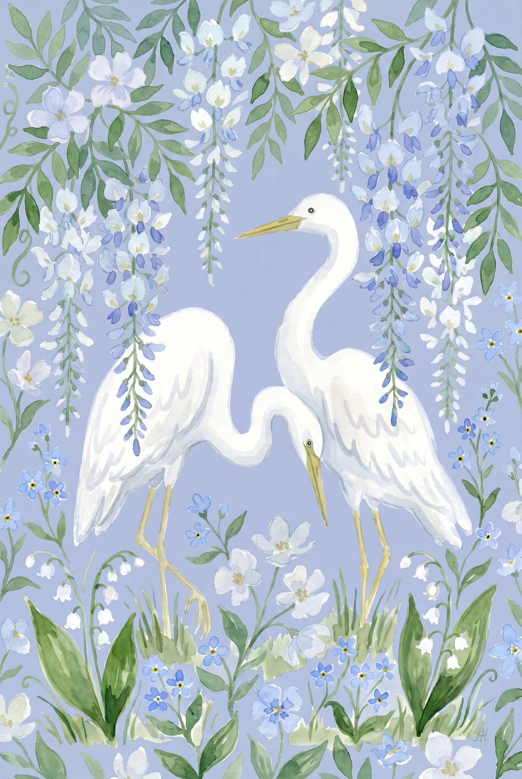 Blue Wisteria White Egret Bird Wall Art - Wisteria Garden Egrets