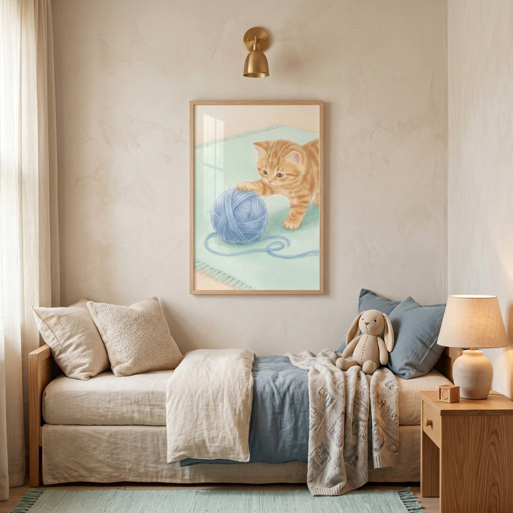 Cozy room with a daybed, stuffed bunny, and blue yarn ball kitten artwork. A wood side table holds a small lamp.