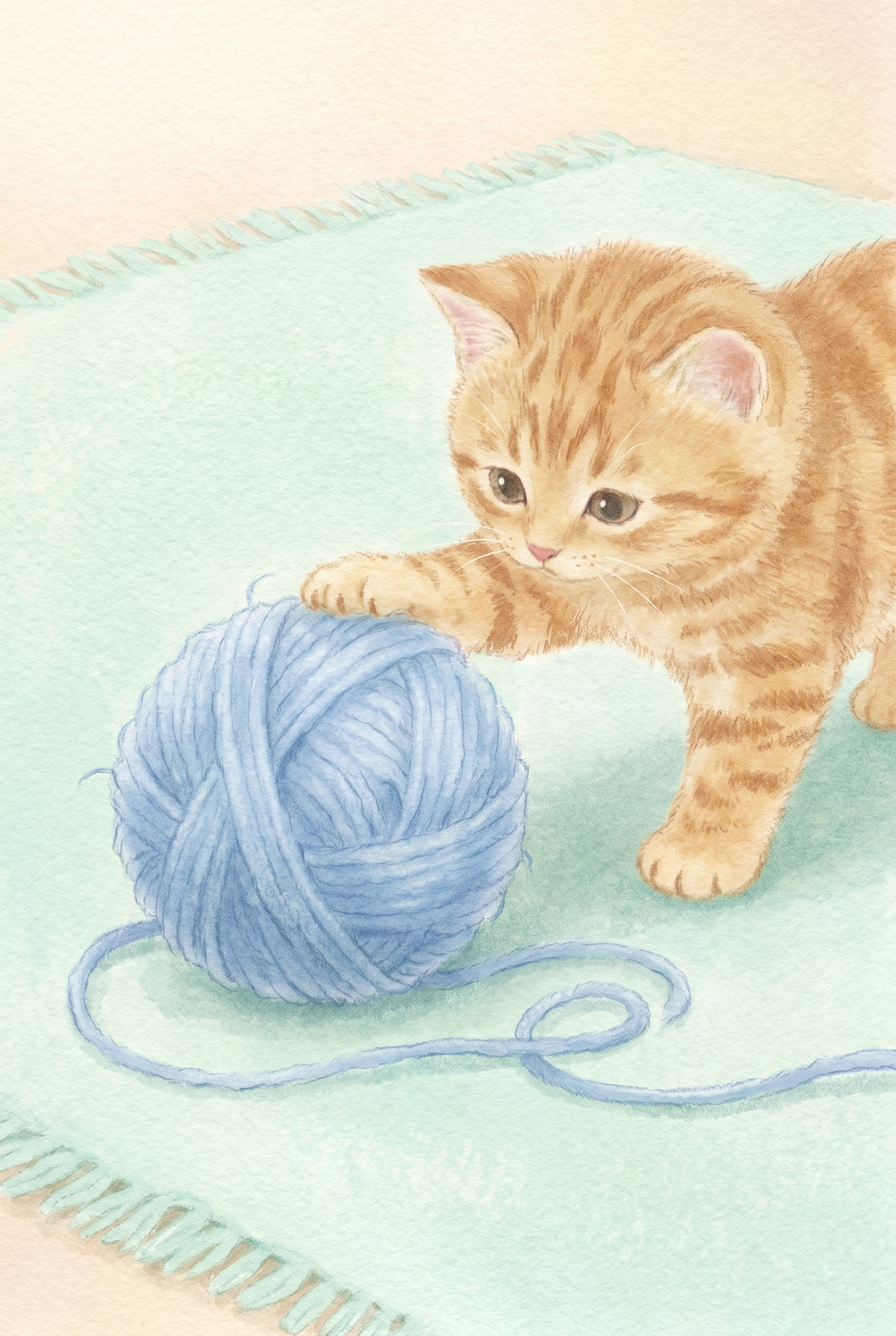 Blue Yarn Ball Kitten Artwork - Playful Ginger Kitten