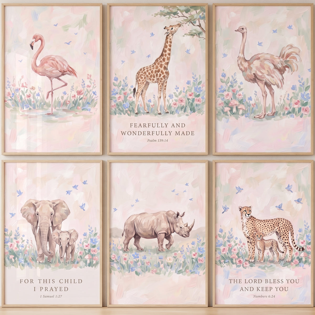 Blush Bird Savanna Animals Wall Art Set of 6 - Sacred Safari Prints