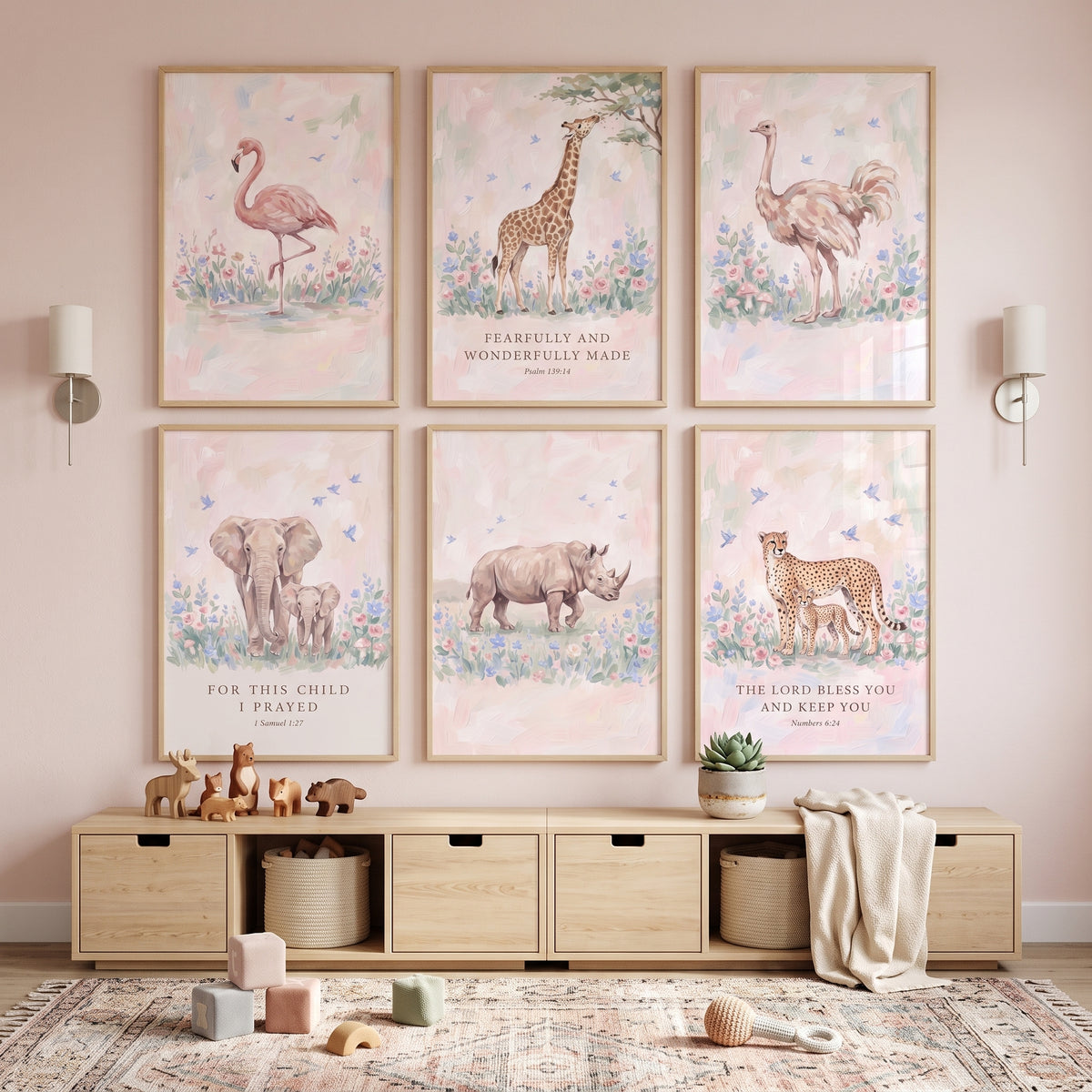Blush Bird Savanna Animals Wall Art Set of 6 - Sacred Safari Prints