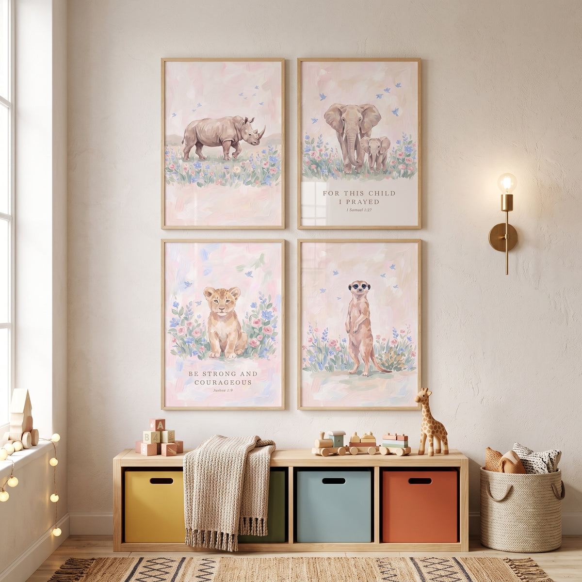 Blush Blossom Safari Animals Wall Art Set Of 4 - Pastel Safari Nursery