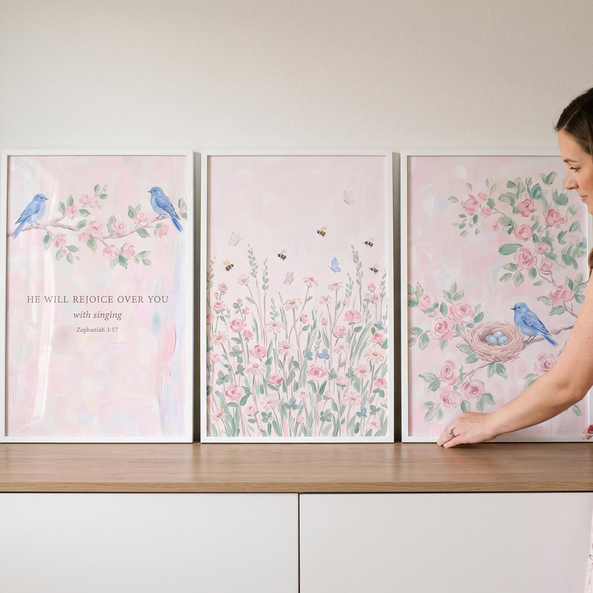 Blush Blue Accent Garden Wall Art Set of 3 - Pastel Blossom Verse